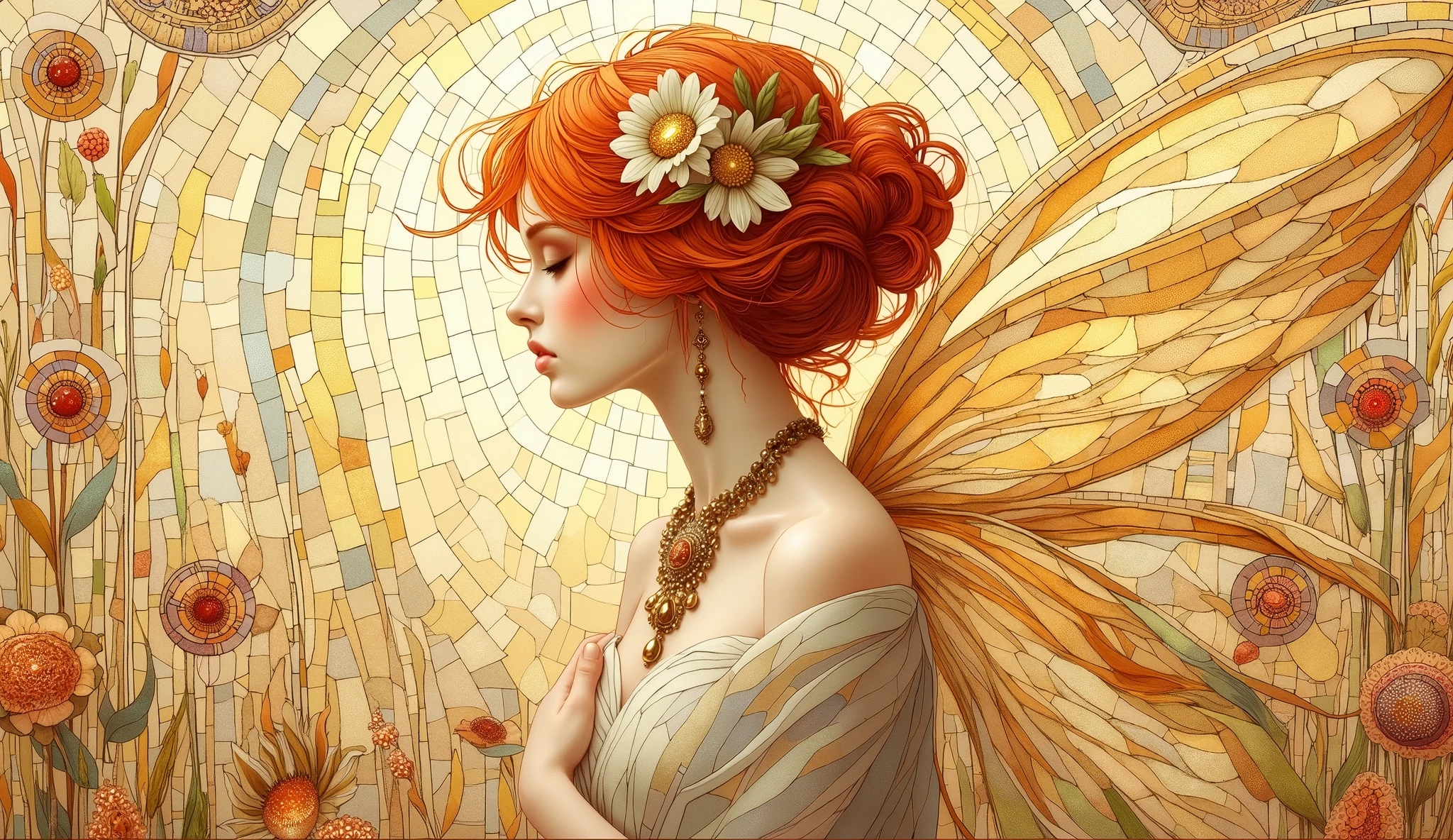 Fairy in a calm, neutral setting, intricate golden mosaic in the style of Gustav Klimt, abstract golden swirls and forms, ethereal lighting, soft pastel tones mixed with rich gold, tranquil and serene mood, delicate, finely detailed digital ar