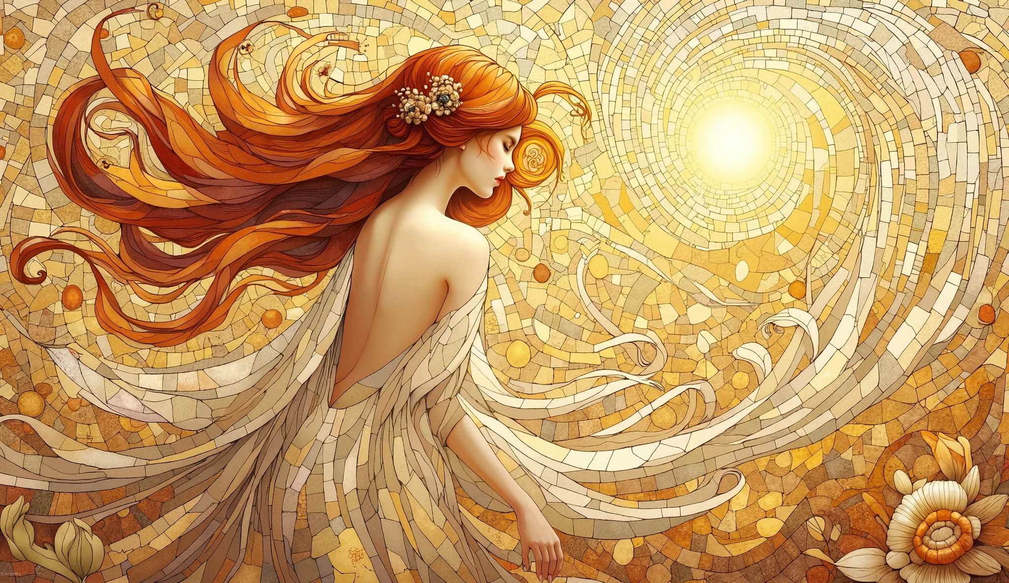 Fairy in a calm, neutral setting, intricate golden mosaic in the style of Gustav Klimt, abstract golden swirls and forms, ethereal lighting, soft pastel tones mixed with rich gold, tranquil and serene mood, delicate, finely detailed digital ar