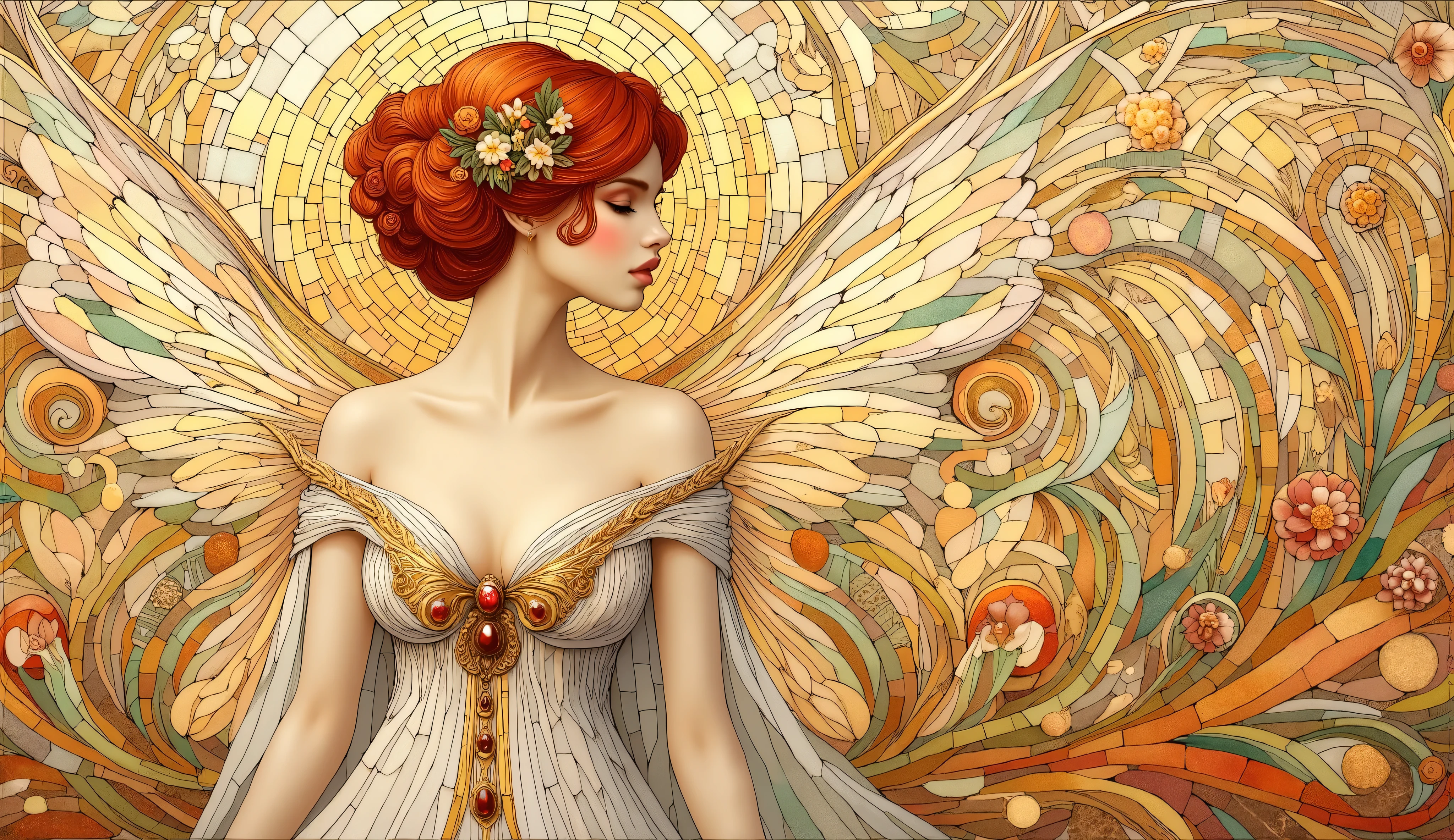 Fairy in a calm, neutral setting, intricate golden mosaic in the style of Gustav Klimt, abstract golden swirls and forms, ethereal lighting, soft pastel tones mixed with rich gold, tranquil and serene mood, delicate, finely detailed digital ar