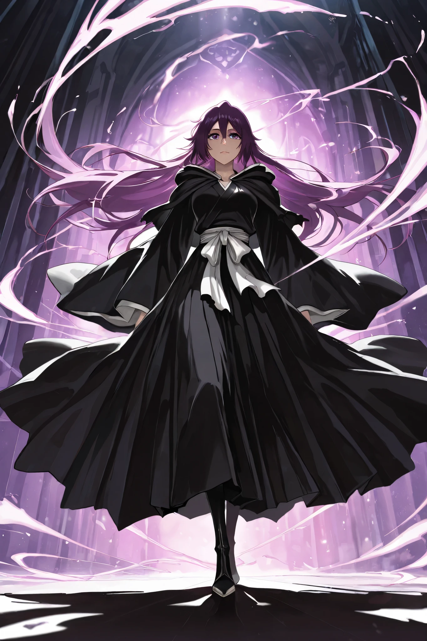 (masterpiece, best quality, ultra-detailed, best shadow), (dark fantasy), high contrast, (best lighting, extremely delicate and beautiful), ((cinematic light)), colorful, hyper detail, dramatic light, intricate details. Woman (18 years old) with long purple hair that touches the floor, striking purple eyes and beautiful eyelashes, wearing a Bleach Shihakusho with a captain's cloak, character with a mysterious aura, beautiful, 180 cm tall, serene and mysterious character