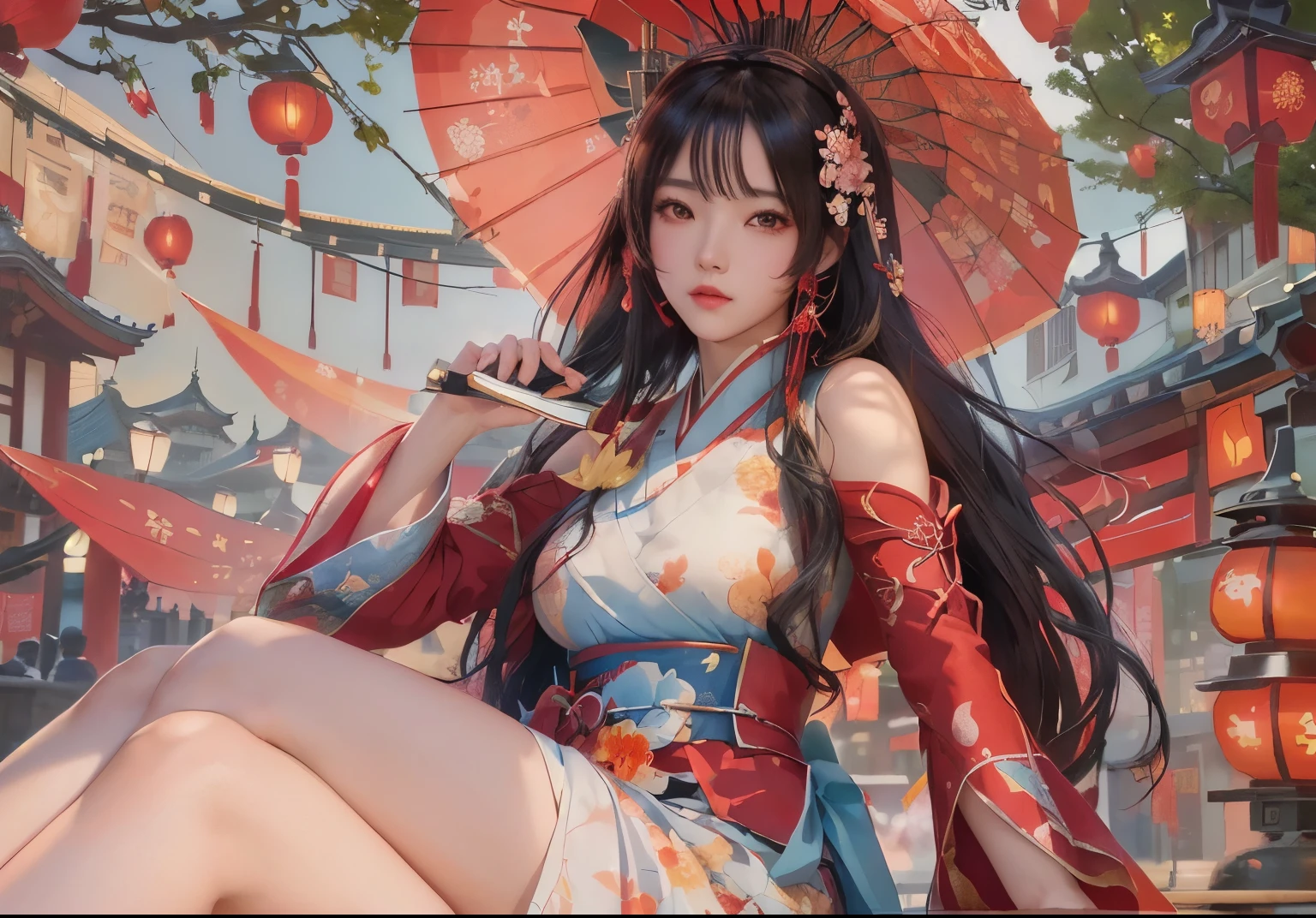 ((legs wide open, crotch wide open)), (cinematic light, top quality, 8K, masterpiece: 1.3), (world wonderful, goddess of Japan, Japan beautiful girl, Korean goddess), (upper body), (one girl), (necklace, bracelet, anklet, leg ring), (huge, cleavage, exposed breasts, sexy cleavage, very detailed breasts), (huge breasts), À la Fed woman in kimono, kimono, classic kimono, kimono, Japan kimono, long beautiful flowing kimono, intricate geisha kimono, red or purple kimono with floral pattern, Japanese style, wearing kimono, legs wide open, crotch wide open, inspired by Kano Hogai,