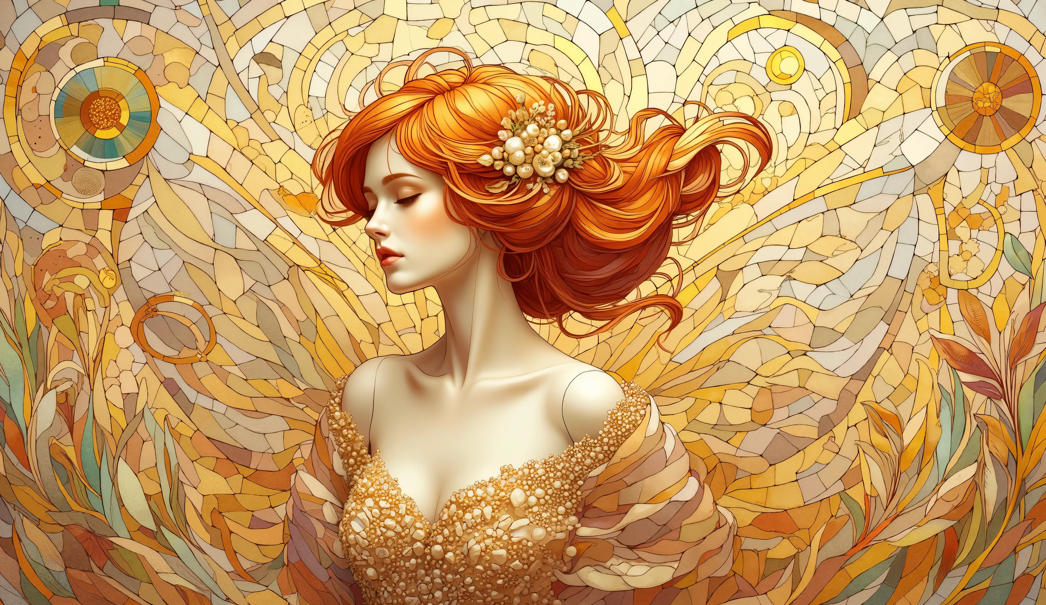 Fairy in a calm, neutral setting, intricate golden mosaic in the style of Gustav Klimt, abstract golden swirls and forms, ethereal lighting, soft pastel tones mixed with rich gold, tranquil and serene mood, delicate, finely detailed digital ar