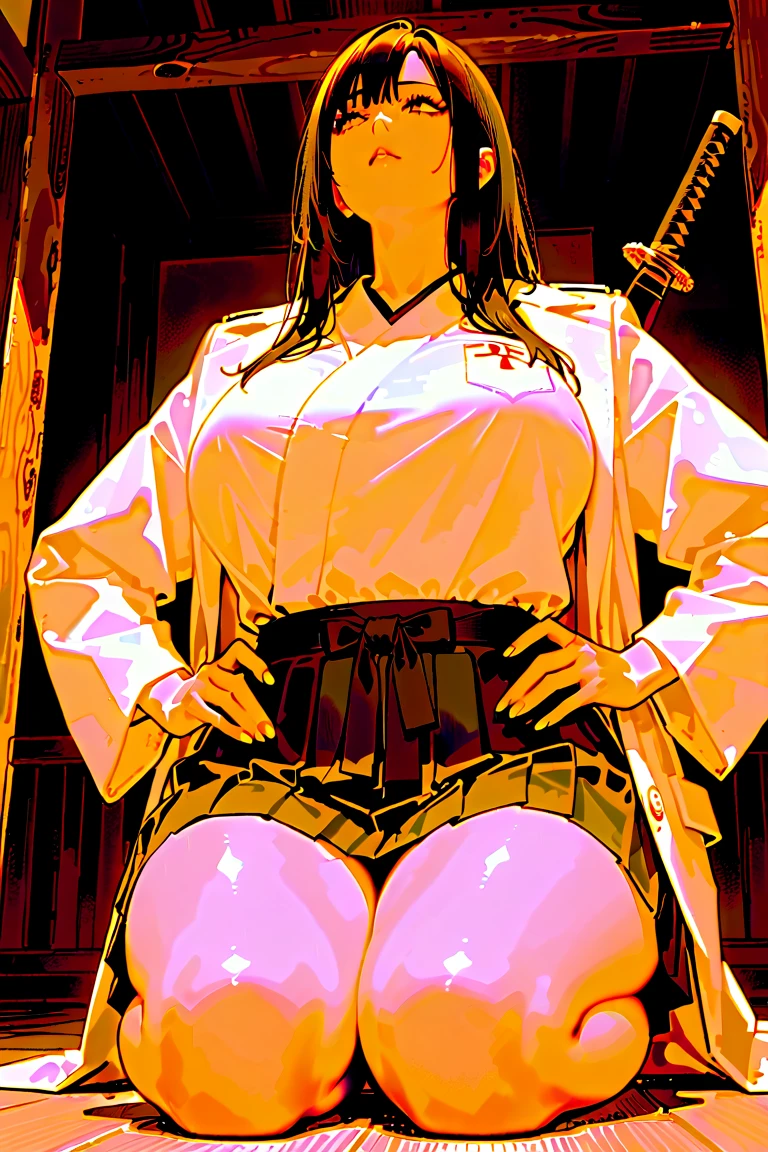 katsuragi misato, brown eyes, purple hair, cross necklace, red jacket, black leotard, looking at viewer, serious, smiling, sitting, on stool, inside office, spreading legs, dark, high quality, masterpiece <lora:eva_katsuragi_misato_v1_2:.8>