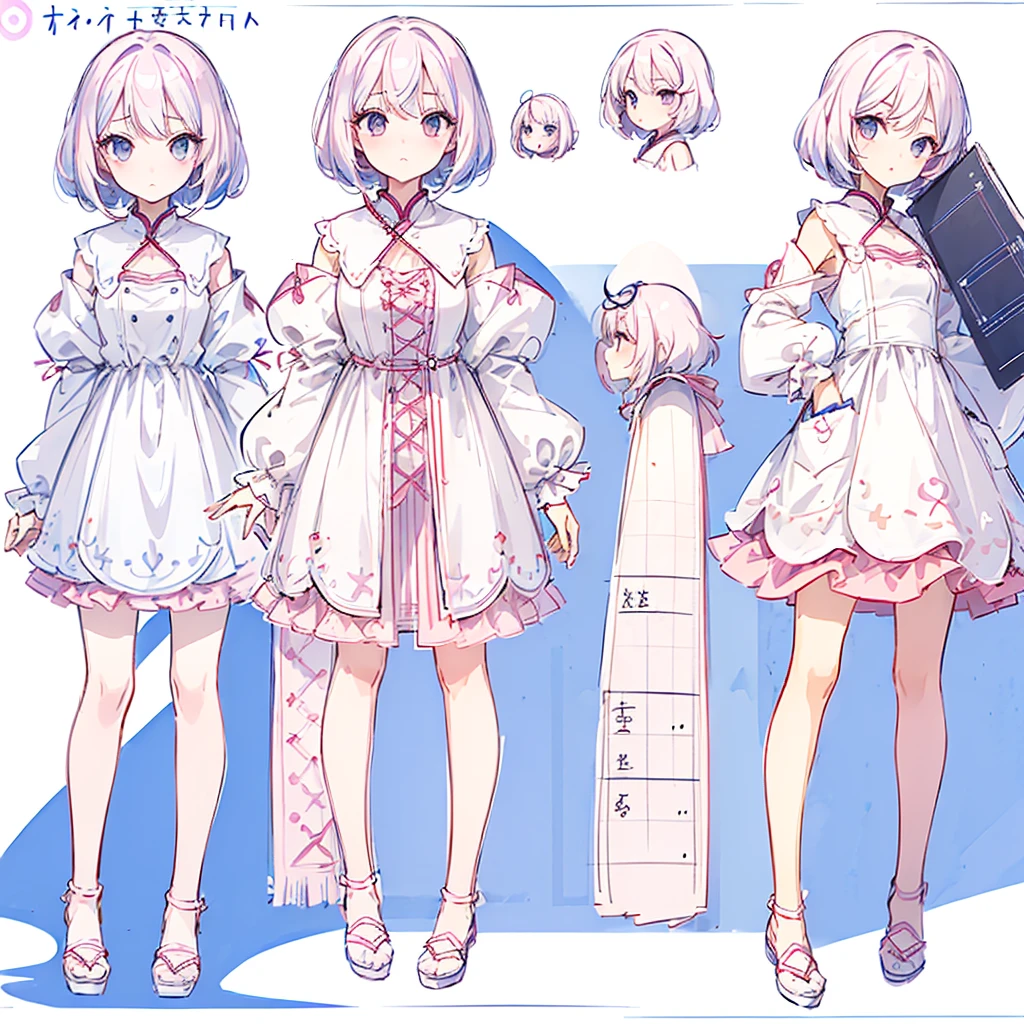 Detailed Genshin graphics，anime character design，anime concept art，pretty anime character design，anime character reference sheet，[Character design]，1girl in, ((Character information)、(Chara Leaf)、pastel dimmed colors, Type sheet, Character Sheets, Three types，Shot Full Body，Game Character Design,