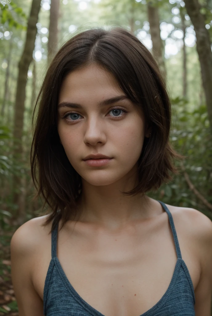 1womanl、20yr old、hyperdetailed face、Detailed lips、A detailed eye、double eyelid, Medium short hair、Huge breasts、Tight Summer Tank Top Sweater:1.1, Shaded by the sun-drenched trees of the Deep Forest ((top-quality、8K、Photorealsitic, masterpiece:1.3))