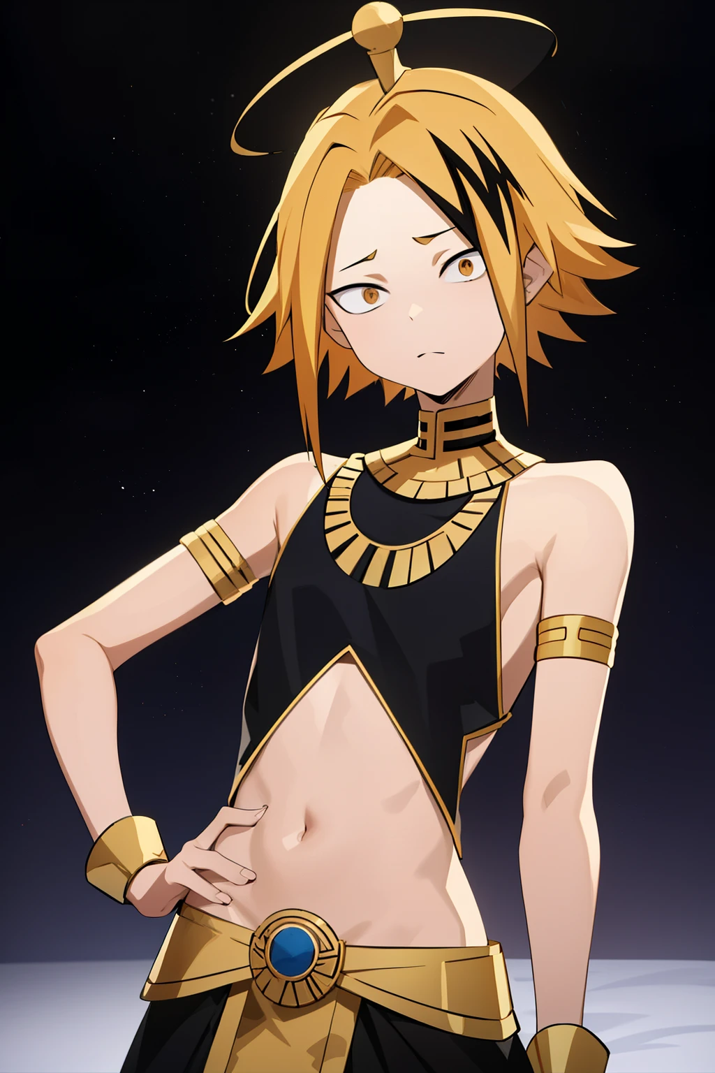 masterpiece , mini skirt , anatomy, 1 , Alone, enfoque Male Hair, looking at the lunar spectator , upper body suit, Kaminari_, blonde hair, multicolored _hair, Egyptian costume, black shirt up to the ribs, fabric covering the crotch, Egyptian crown, golden shoulder bracelets, Arms crossed, Egyptian bracelets, bottom: space, Genre: Male Hair, face thin waist, hair corto Male Hair, chico Male Hair