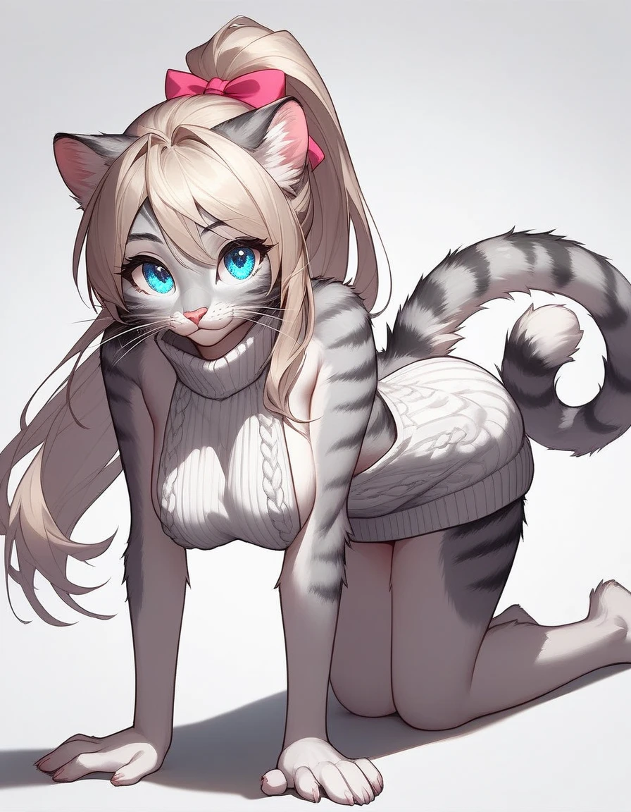 score_9,score_8_up,score_7_up, source_cartoon, source_furry, Kat, a cute Anthro furry feline girl, tall body, hourglass figure, adult female, blue eyes, :3, silver fur, long blonde hair, hair in a ponytail, white whiskers, pink nose, wearing pink virgin killer sweater, black thong, one hand on hip, y pose, simple grey background, rear view, bent over, hands on knees, laughing, lifting tail,