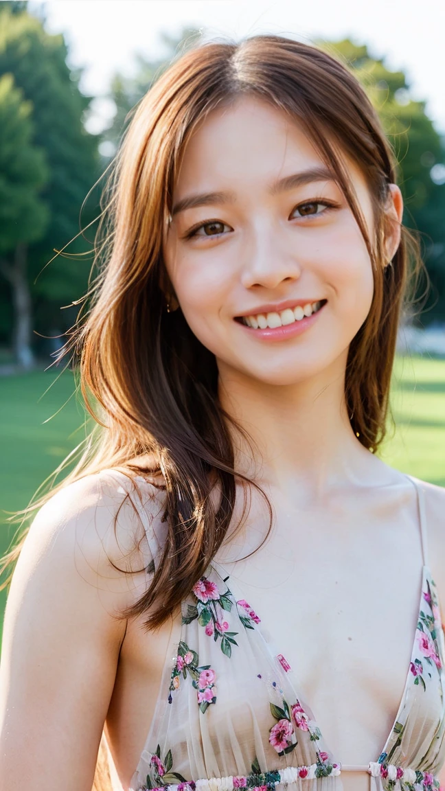 (Highest quality,8K quality,masterpiece:1.3),(Ultra-high resolution,Realistic:1.4,Live Shooting),(Very detailed,Caustics),(Ultra-Realistic Capture,Beautiful and detailed skin),19 years old,Beautiful Japanese, Medium Hair, Asymmetrical bangs, Brown Hair, I'm looking at the camera with a smile on my face,Soft Light,A ray of light shining from above,Natural light，((blouse))，(((One Woman))),garden