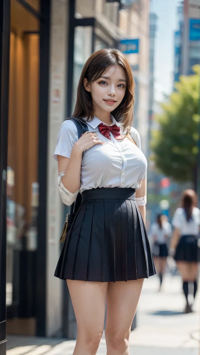 Best quality, masterpiece, ultra high res, (photorealistic:1.4), raw photo, (perfect body shape), (slim:1.2), dynamic pose, 1girl, (full figure:0.9), solo, big breasts, sagging breasts, school uniform, plaid mini skirt, in the dark, night, on the street, deep shadow, low key, cold light 12000K