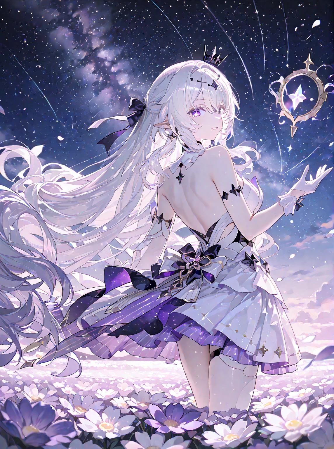 High Detail, Very detailed, Ultra-high resolution, Purple Eyes,White hair,A girl having a good time in a fantasy galaxy, Surrounded by stars, The warm light shines on her, Background is starry sky,There are colorful galaxies and galaxy clouds, The stars fly around her, Delicate face, Add playfulness ,