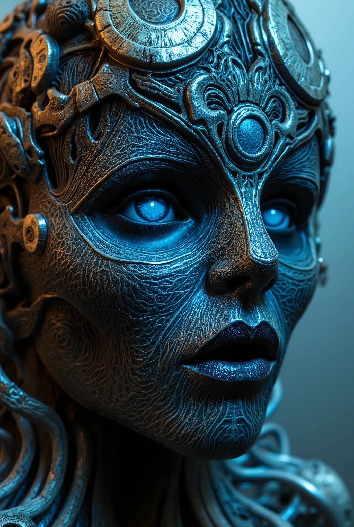 ultra detailed, absolutely resolution, masterpiece, highly detailed, sharp focus, vivid colors, soft lighting, cinematic composition, close-up of a humanoid robot with a face made of countless different mechanical parts and human-like eyeballs, cybernetic laser-like blue eye, shining plated, extremely delicate depiction, extremely clear image, 2.5D, artistic photography, hyper realistic
