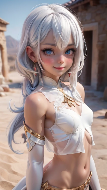 ariel, upper body portrait, white hair, beautiful, cute arabian transparent Langerie, warrior, midriff, fit, white hair, desert background, realistic fantasy ,concept art, sexy, excited, gorgeous face,fully body, breasts small, smooth skin, Medium pink mouth, Linda, naturals .Transparent silk on clothes, 80% of the uncovered body,Cheeky smile.,Well-defined lips.