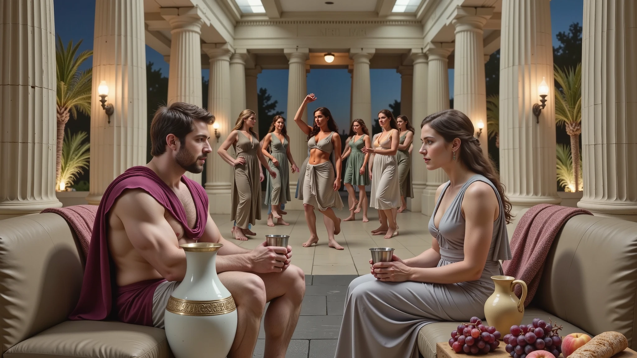A realistic night scene in the hall of an ancient Greek palace, lit with torches. In the center, Hercules is sitting on a couch talking to Queen Hippolyta. Both are holding silver cups. The image is high definition and ultra-realistic, like a scene from a movie. Perfect Hands. A night scene in the hall of an ancient Greek palace, lit with torches. In the background, women are dancing. dancing like odalisques. The women wear light pink Greek tunics. Beside them are amphorae of wine and a small table with Grapes, peach, fruit and bread.