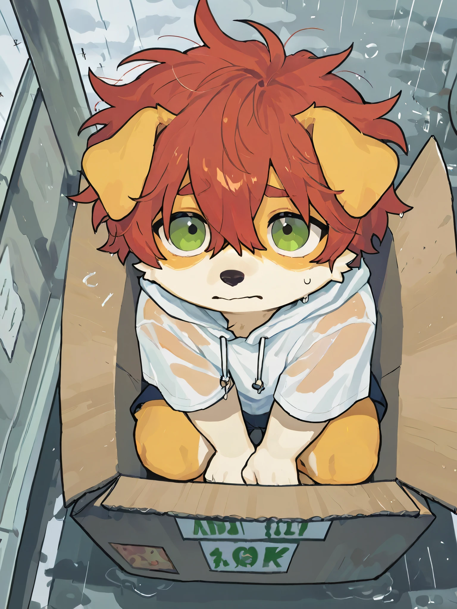 source_ furry, hadrian , furry male, elementary school students,((boy )), Dog boy ,inside a cardboard box with logo with polystyrene ,short hair,masterpiece, newest,absurdres, incredibly absurdres, messy hair,Horizontal paper box,cloudy day,Wet Clothes,alone,barefoot,white shirt, in the box, in a container, Squat ,In the alley,rainy day,Seen from above ,Wearing a raincoat,Frustrated face, to milkytiger1145 , author: k0bit0wani ,( cute),boy