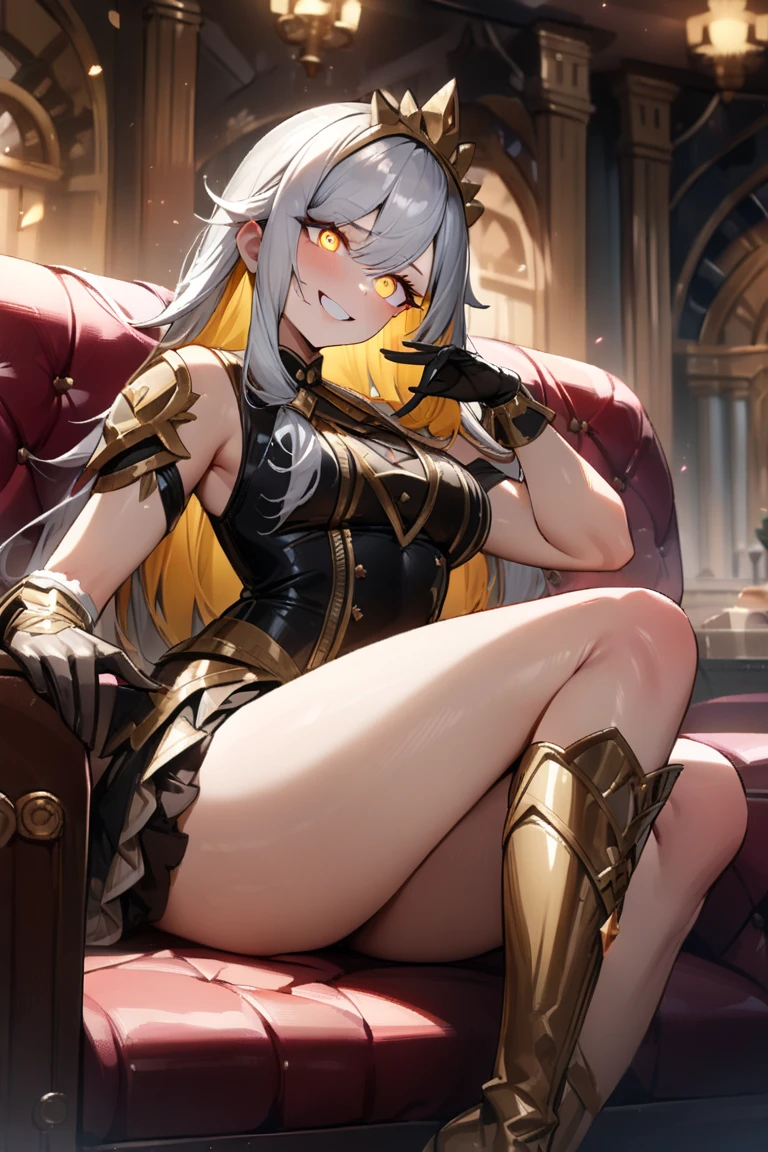 A woman with elements of Dana from Ys: Lacrimosa of Dana, furina de genshin impact. Her hair is a fusion de corte de pelo asimetrico of black fading to crimson, with a long ponytail with silver tips. Her eyes are fuchsia with gold touches. She wears garments inspired by arcanapunk and Egyptian styles, including a short garter and a knee-length skirt in shades of white, orange, and black. She is on her way to a city seen in the distance with a fusion de arquitectura de arcanapunk and Inca architecture in the middle of the night in a frozen winter desert, the woman with a look of fatigue and determination.
