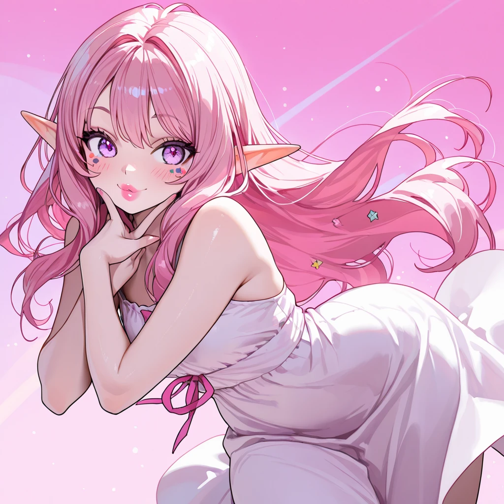 Hawaikotchi looks like a white tooth, and the roots of the tooth are her feet. She has two pink hearts on her head, like ears. She has light pink cheeks and dot-like eyes with two eyelashes each. SPARKLE; GLITTER