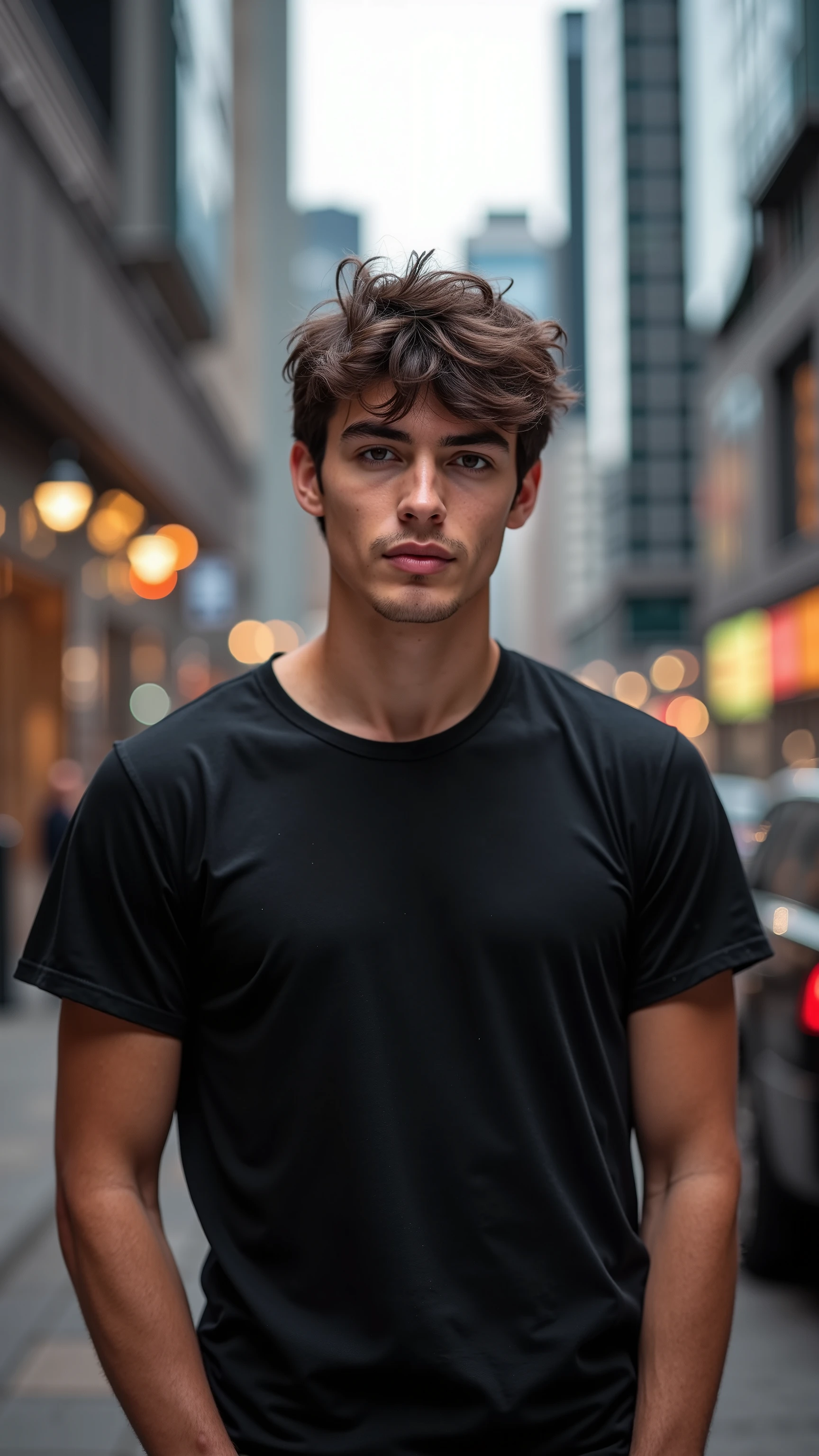 Concept of a cute male model in his 20s wearing a black plain t-shirt and shooting in the middle of the city