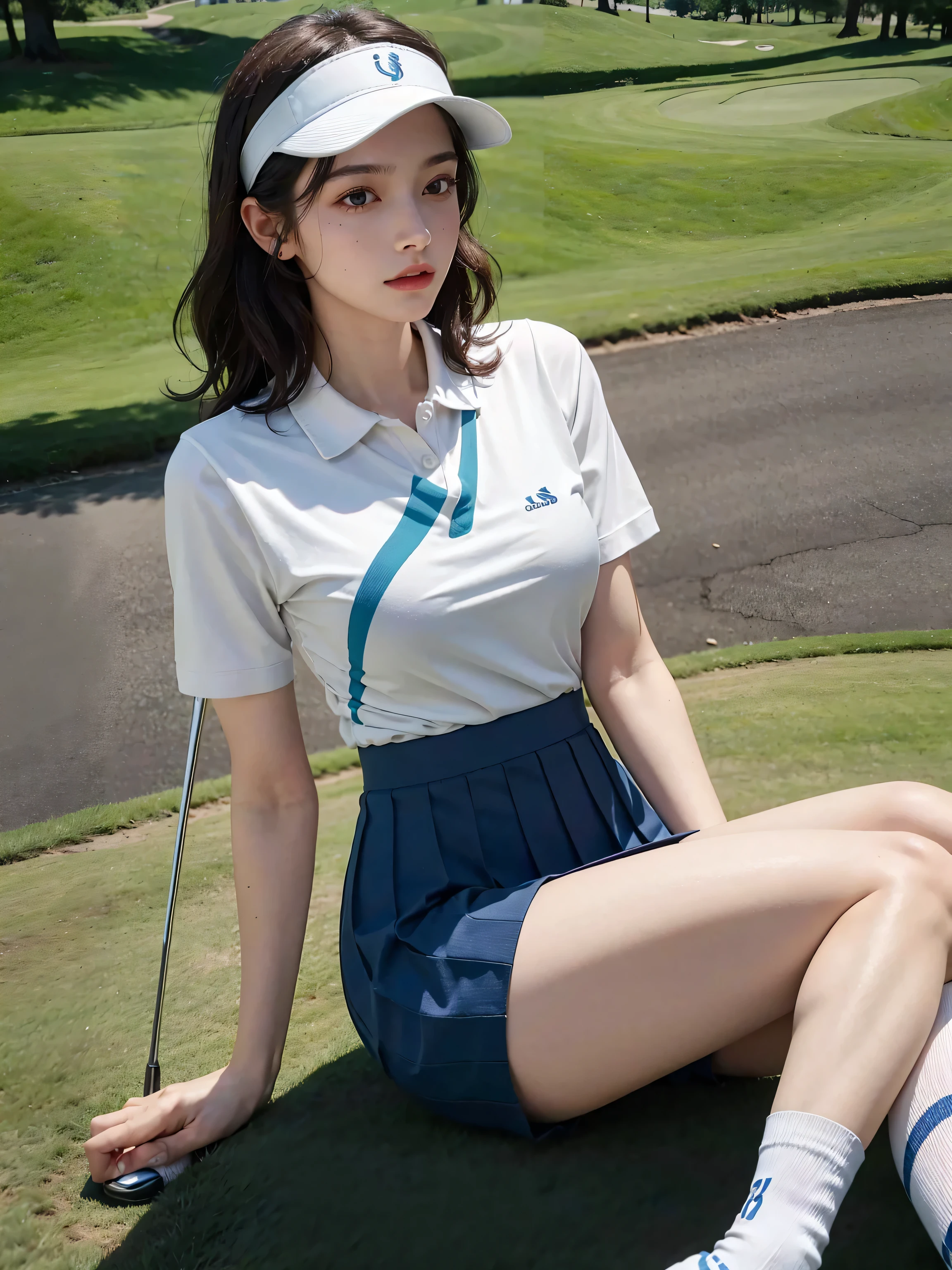 Girl, large breast in a polo shirt, necklace, bracelet, earrings, hat, wedges, full body photoshoot, play golf on the green grass, real skin texture, detailed detail,