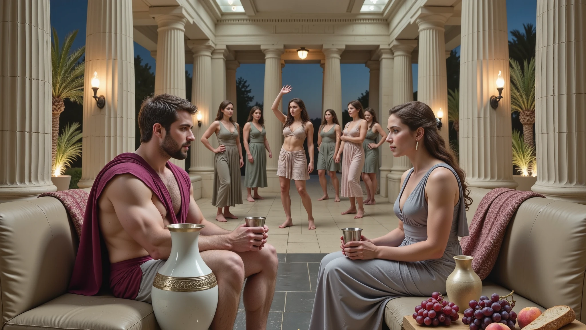 A realistic night scene in the hall of an ancient Greek palace, lit with torches. In the center, Hercules is sitting on a couch talking to Queen Hippolyta. Both are holding silver cups. The image is high definition and ultra-realistic, like a scene from a movie. Perfect Hands. A night scene in the hall of an ancient Greek palace, lit with torches. In the background, women are dancing. dancing like odalisques. The women wear light pink Greek tunics. Beside them are amphorae of wine and a small table with Grapes, peach, fruit and bread.