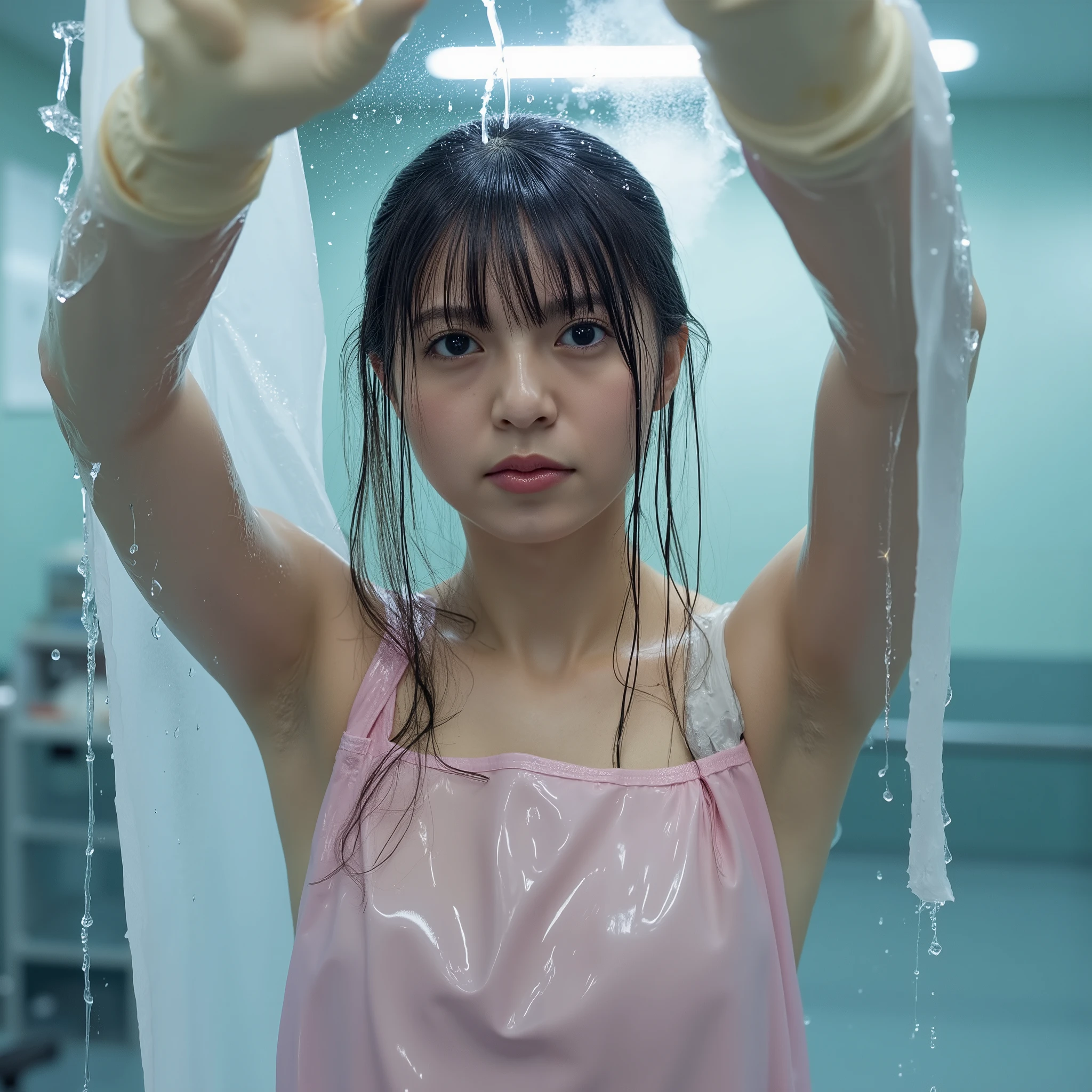 high resolution photo of a beautiful Japanese female surgeon lifting a surgical gown with her hands, best quality, realistic, masterpiece, great quality, complex details, professional lighting, Alone, 1 girl, Portrait, (Asuka:1.5), long hair, big bangs, full body, Full Nudity, ( sweaty body , Water droplets dripping :1.7), (nsfw, Nude Apron,  light beige latex gloves :1.5), (shiny pink long latex tabard apron:1.3), front view, raise your arms, watch viewers, Surgical lights, clinic