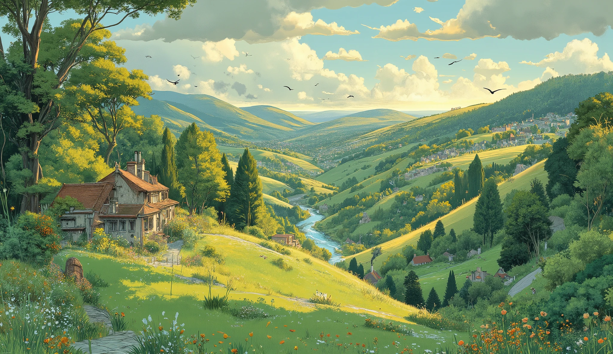 Studio Ghibli-inspired illustration, (soft painterly textures:1.2), (dreamy and warm color palette:1.3), hand-drawn fantasy city, cozy atmosphere, intricate rooftops, cobblestone streets, whimsical architecture, lush greenery, magical realism, soft golden lighting, gentle cinematic glow, (LoRA:ghibliStyle-v1.0:1.3) A breathtaking hand-painted landscape in the signature Studio Ghibli style, filled with warm, nostalgic colors and intricate details. A vast, rolling green meadow stretches into the horizon, dotted with vibrant wildflowers swaying gently in the breeze. In the distance, a cozy little cottage with a red-tiled roof and smoke curling from its chimney sits at the edge of a peaceful forest, where towering trees with lush green canopies create a shaded path leading into the unknown.
The sky is a stunning blend of soft blues and wispy clouds, with golden sunlight casting long, dreamy shadows. A small, clear river winds through the valley, reflecting the sunlight like liquid gold. A few birds soar overhead, their silhouettes tiny against the vast expanse of sky.
The scene radiates warmth, calmness, and the whimsical charm of a Ghibli fantasy world, perfect as a desktop wallpaper that evokes serenity and adventure. Every detail, from the soft brushstrokes to the cozy atmosphere, captures the timeless magic of Studio Ghibli’s hand-painted aesthetic.