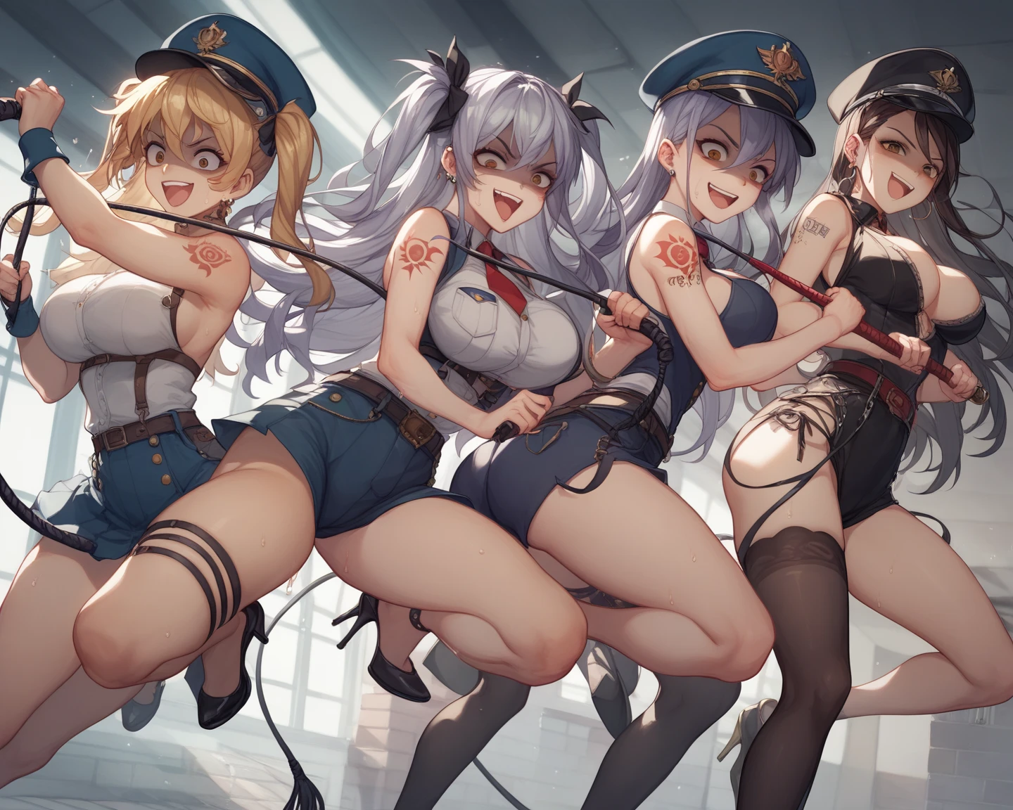 1girll，cabelos preto e longos，Qi bangs，Long ponytail，White bow hairpin，red pupils，beauitful face，crisp breasts，Convex buttocks，White tight military uniform，Gold clasp，White pleated skirt，black lence stockings，White gloves，Japanese katana in hand，beachside，Naval warships，perfectly proportioned, Cinematic lighting, filmgrain, Fuji colors, lightand shade contrast, 8K, 巨作, Textured skin, Super detail, high detal, High quality, A high resolution,