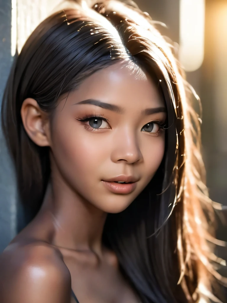 one girl, (((Open your mouth)))、Put your hand over your mouth、Beautiful breasts、 Brown eyes, ((Gal Hairstyles)) blonde, girl, (Eye and facial details:1.0), break, (masterpiece, Highest quality, Very detailed, Detailed face, 8k),( dark skin:1.6  )