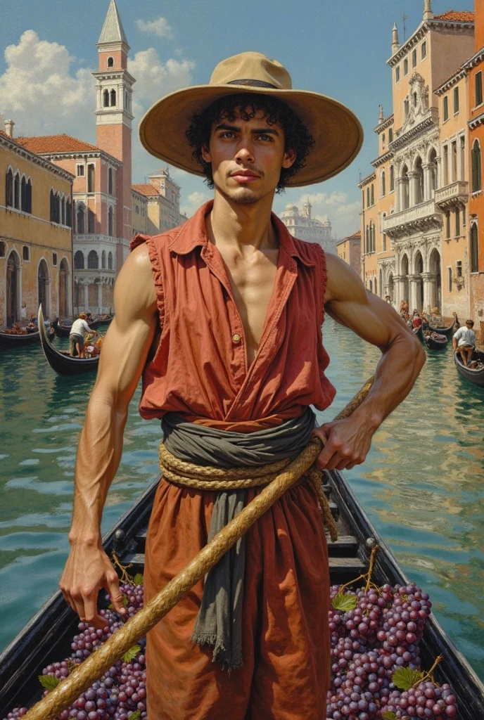 pintura china front view a young man slender_athletic_realisim_body, italian boy he is Grape harvest in Venice, men transporting grapes in gondolas. Characteristics: Strong men, work clothes, wide hats. Background: Venice canals, Gothic palaces. Style: Venetian Renaissance, vibrant colours and intense light. Painters: Tintoretto. Palette: Warm tones, reds, golds and blues.