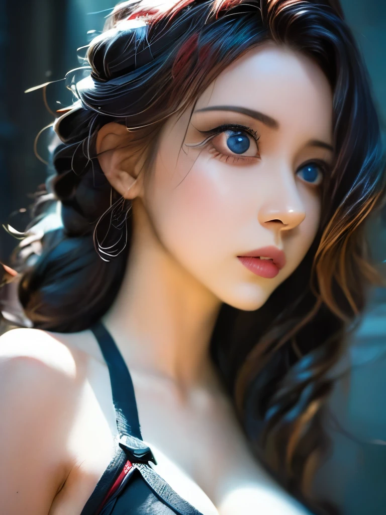 (masterpiece, best quality), deep ebony 1girl, beautiful face, Kimberly_jackson, freely ponytail, confused, upper body,, bright blue eyes, facing viewer, triboob_cleavage