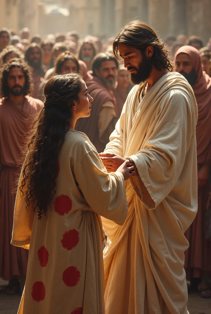 Jesus Christ and a woman, both making the sign of enough to the abuse