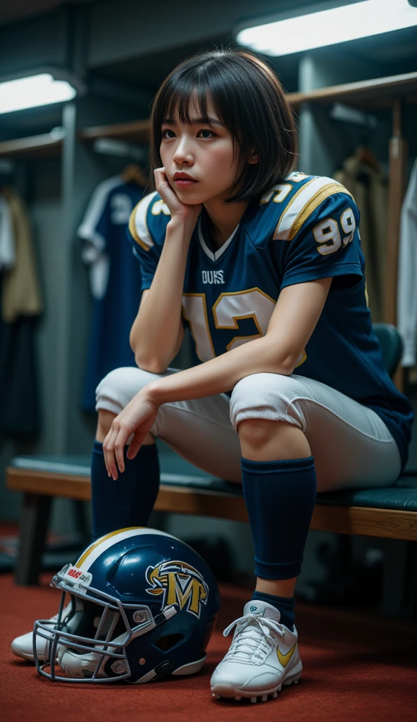ultra-realistic, photorealistic, dramatic scene, shadow, global-illumination, solo, Japanese high school girl), fragile girl, very beautiful Japanese athlete, very beautiful with very cute face, sporty atmosphere, detailed face skin texture with some moles, short bob haired, American football player, she is a member of the famous American football team, beautiful mysterious turquoise eyes, (wearing a national team's American football uniform with shoulder protectors), (fully equipped with large shoulder protectors), American football shoes, She is sitting on the bench in a locker room, nervous, holding a helmet with face guard, full body shot, shoot from side, 
