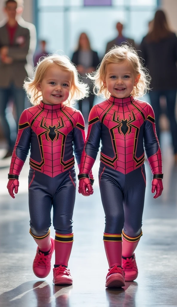 One year old twin brothers, 1 year, blondes, blue eyes, They celebrate their birthday dressed as Spiderman, spiderman birthday party, Spiderman, bebés felices de 1 year
