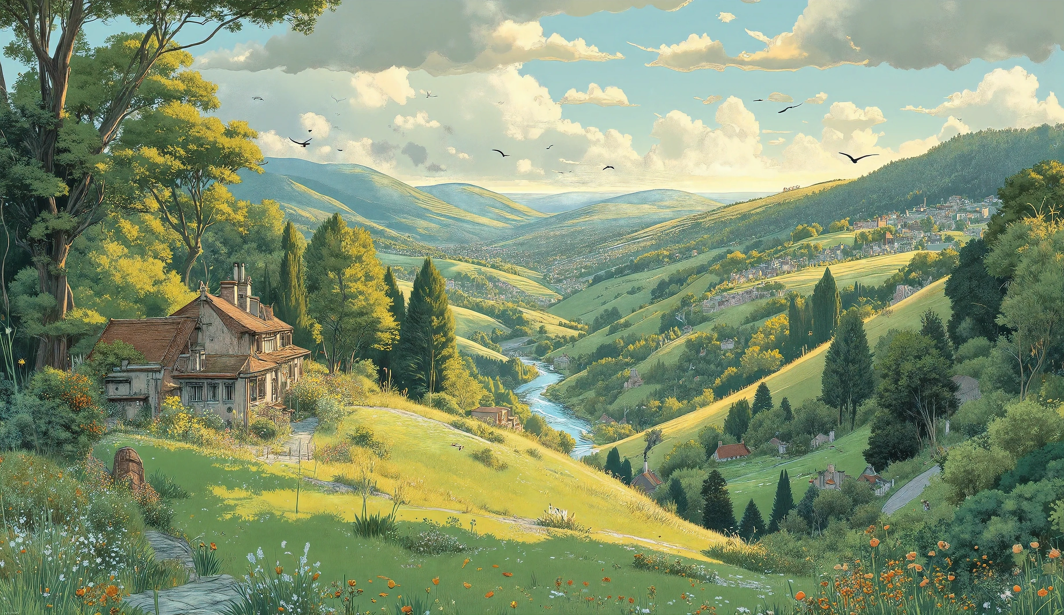 Studio Ghibli-inspired illustration, (soft painterly textures:1.2), (dreamy and warm color palette:1.3), hand-drawn fantasy city, cozy atmosphere, intricate rooftops, cobblestone streets, whimsical architecture, lush greenery, magical realism, soft golden lighting, gentle cinematic glow, (LoRA:ghibliStyle-v1.0:1.3) A breathtaking hand-painted landscape in the signature Studio Ghibli style, filled with warm, nostalgic colors and intricate details. A vast, rolling green meadow stretches into the horizon, dotted with vibrant wildflowers swaying gently in the breeze. In the distance, a cozy little cottage with a red-tiled roof and smoke curling from its chimney sits at the edge of a peaceful forest, where towering trees with lush green canopies create a shaded path leading into the unknown.
The sky is a stunning blend of soft blues and wispy clouds, with golden sunlight casting long, dreamy shadows. A small, clear river winds through the valley, reflecting the sunlight like liquid gold. A few birds soar overhead, their silhouettes tiny against the vast expanse of sky.
The scene radiates warmth, calmness, and the whimsical charm of a Ghibli fantasy world, perfect as a desktop wallpaper that evokes serenity and adventure. Every detail, from the soft brushstrokes to the cozy atmosphere, captures the timeless magic of Studio Ghibli’s hand-painted aesthetic.