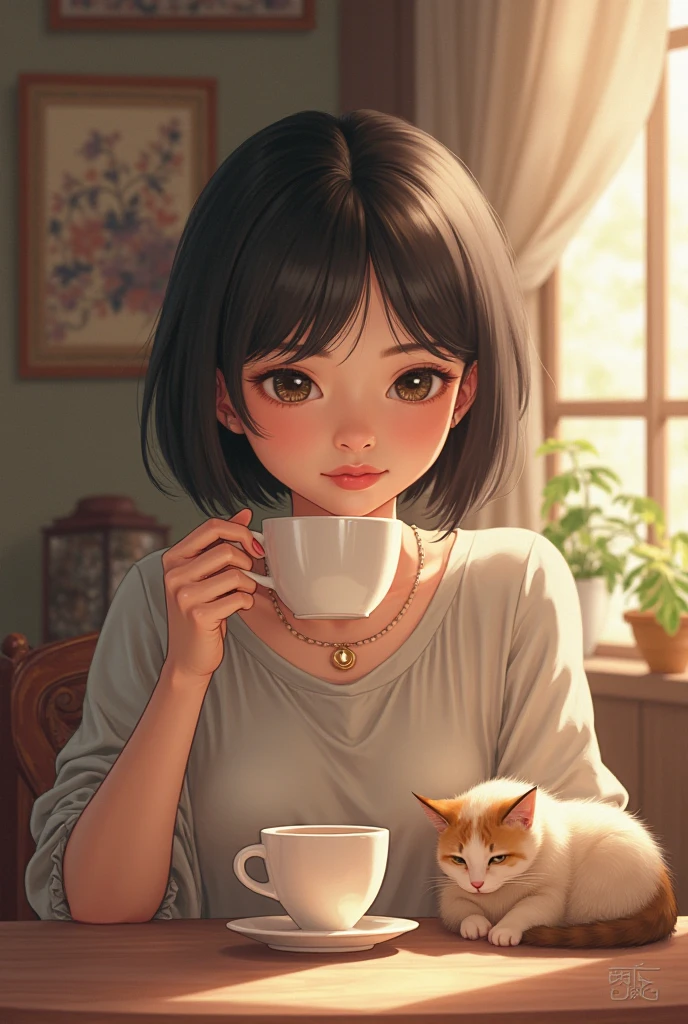 anime style, super fine illustration, highly detailed, dynamic angle, beautiful detailed, 8k, In a cafe where morning sunlight streams through the window, a plate of fluffy pancakes topped with strawberries, whipped cream, and a generous dusting of powdered sugar sits on the table. A woman eats them with a happy expression, her impressionable happiness drawing the attention of those around her.very good illustration, High detail, dynamic angle, beautiful detailing,2D, (Best quality, masterpiece, Beauty, tenderness), Anime, Highly detailed face, very detailed eyes, very detailed background, Ideal lighting, Whole body, 1 girl, One, (Very detailed cat ears), (Very detailed ears behind the hair), Pink dress, green eyes, Finely detailed eyes, ears covered with hair,