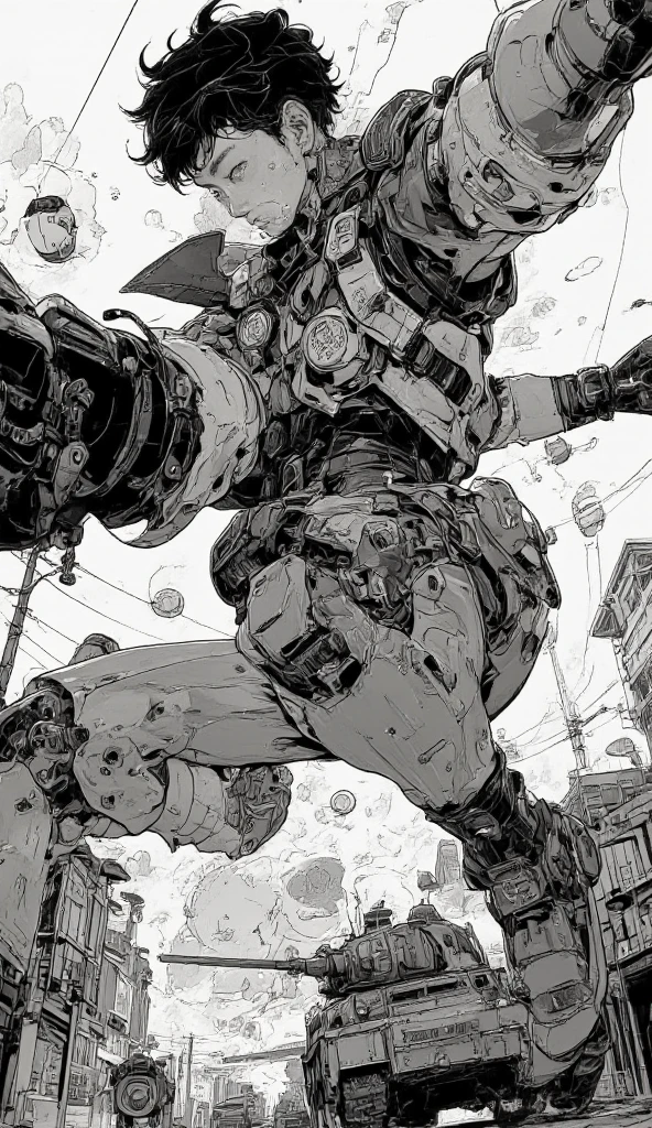 Create an 8K black and white image of a male anime hero that embodies style and charisma. The image should show the hero's sequential actions to save the world, fight villains and show kindness. Must feature vibrant illustrations with perfect lighting and maximum quality. The character's face and human features should be highly detailed and easily recognizable. The hero should be portrayed with a captivating and attractive outfit. The surroundings should represent a post-apocalyptic scene of destruction and terror, mantendo ao mesmo tempo o realismo e a clareza.