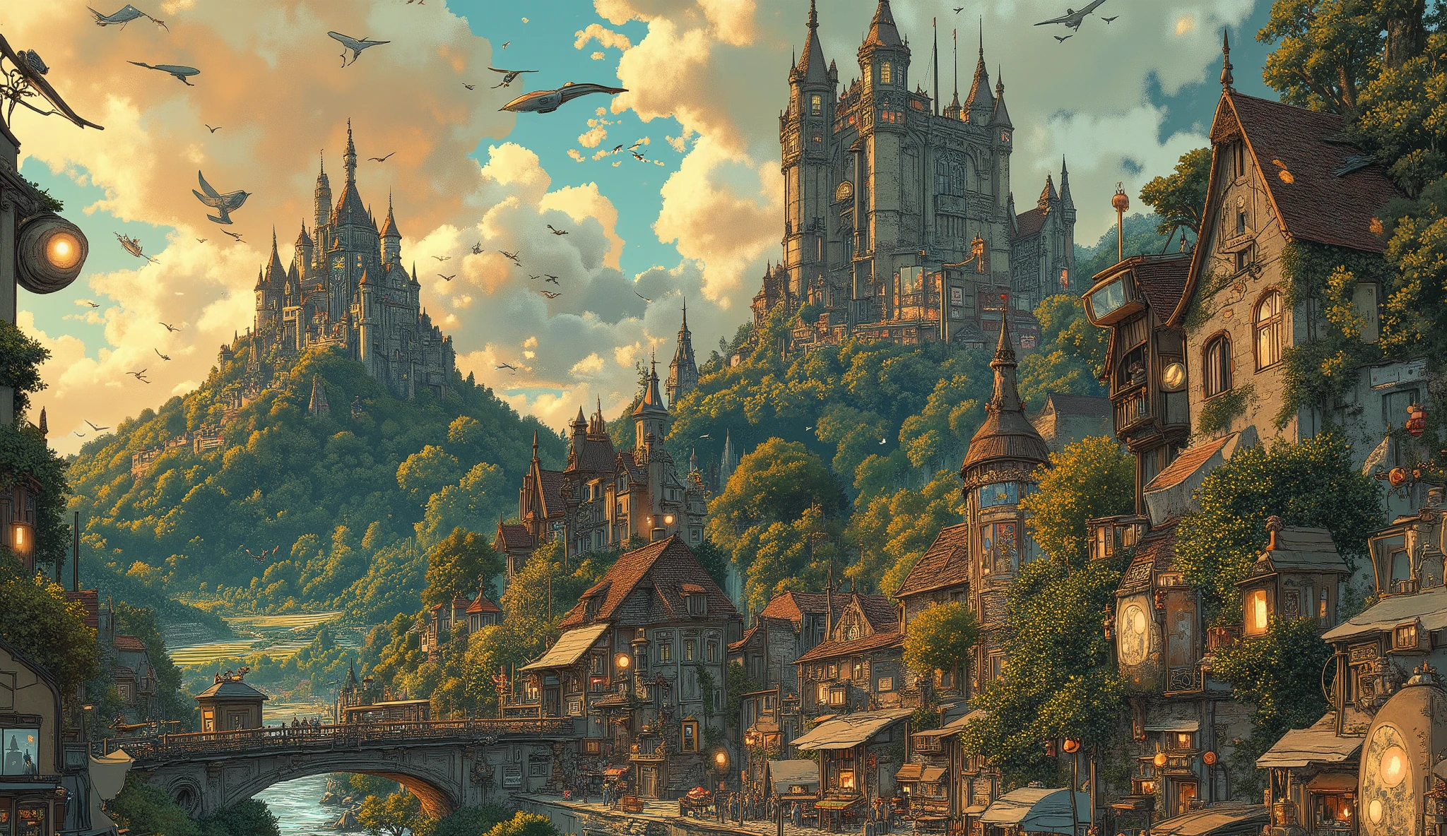 Studio Ghibli-inspired illustration, (soft painterly textures:1.2), (dreamy and warm color palette:1.3), hand-drawn fantasy city, cozy atmosphere, intricate rooftops, cobblestone streets, whimsical architecture, lush greenery, magical realism, soft golden lighting, gentle cinematic glow, (LoRA:ghibliStyle-v1.0:1.3) A magnificent Studio Ghibli-inspired kingdom, bathed in the golden hues of a setting sun. The grand castle, with tall, spiraling towers and red-tiled rooftops, sits atop a lush green hill, overlooking a lively town below. The castle’s stained-glass windows shimmer in the fading sunlight, and ivy climbs its ancient stone walls, giving it a timeless, fairy-tale charm.
The town beneath is filled with winding cobblestone streets, bustling with cheerful villagers, market stalls selling fresh bread, colorful fabrics, and glowing trinkets. Small, steam-powered airships drift in the sky, their propellers humming as they weave between the castle spires.
A magnificent stone bridge spans a sparkling river, leading to the castle gates, guarded by knights in polished, intricately designed armor. In the distance, rolling green fields, mystical forests, and floating islands drift in the clouds, hinting at unseen adventures.
Above, the sky is painted in soft oranges, purples, and blues, with birds gliding gracefully toward the horizon. Wisps of clouds swirl around the castle towers, carrying the promise of a magical world beyond.
The scene exudes warmth, wonder, and the hand-painted beauty of a Ghibli fantasy world, capturing the grandeur of a kingdom full of adventure, mystery, and charm—perfect for a breathtaking desktop wallpaper.