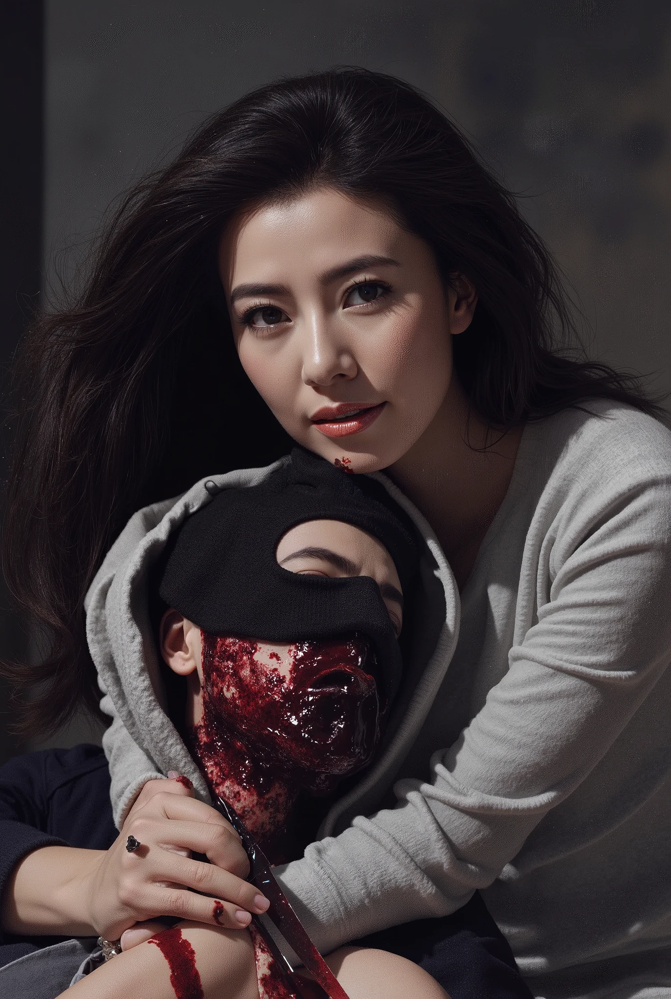 Realistic, A Very beautiful woman, woman very thick hair, boy hoodie, woman kill boy, woman very big breast, woman cuts boy neck, boy neck is flowing with blood, woman knife, boy dead, boy full face mask, woman swat, woman swat equipment