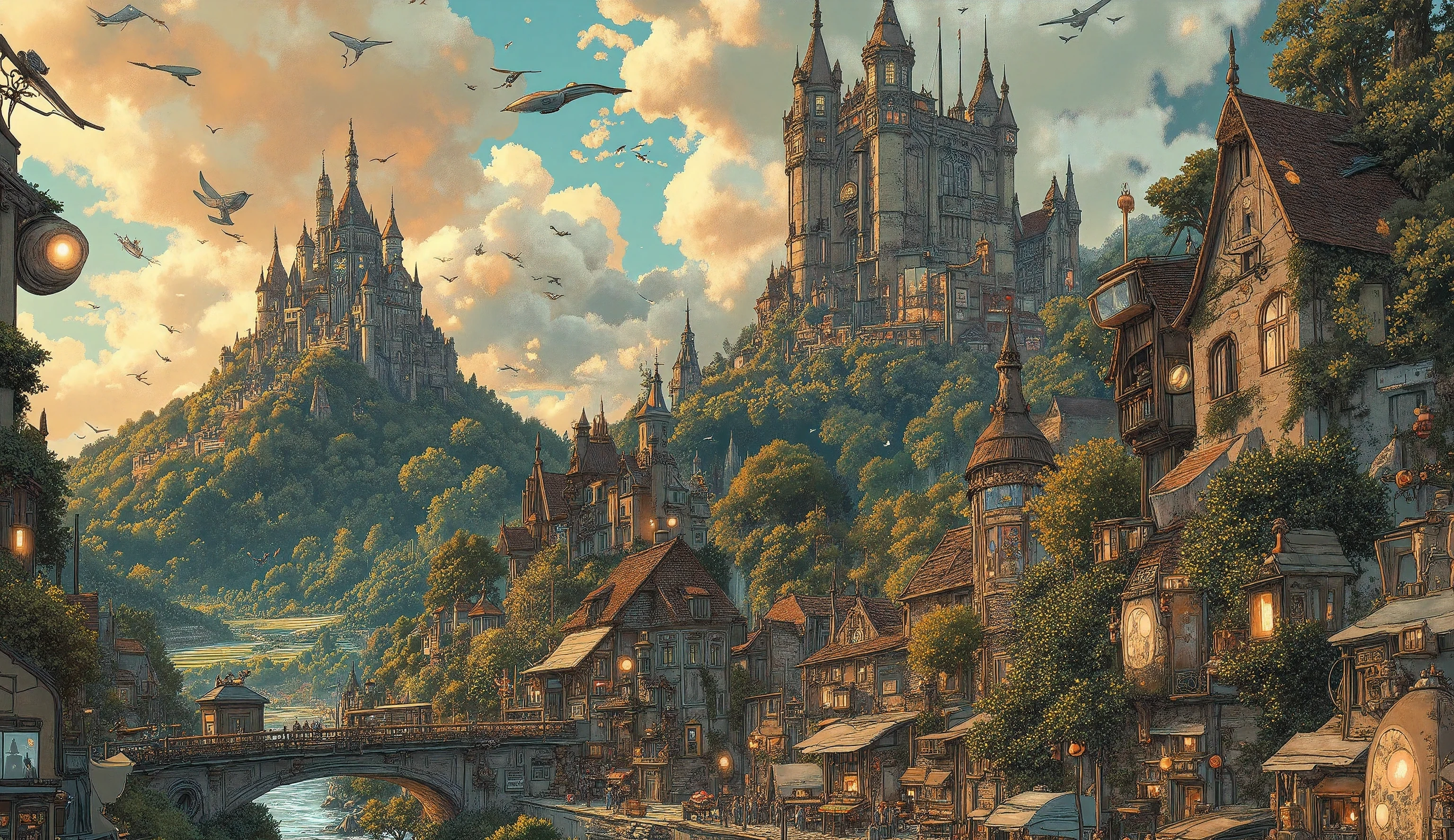Studio Ghibli-inspired illustration, (soft painterly textures:1.2), (dreamy and warm color palette:1.3), hand-drawn fantasy city, cozy atmosphere, intricate rooftops, cobblestone streets, whimsical architecture, lush greenery, magical realism, soft golden lighting, gentle cinematic glow, (LoRA:ghibliStyle-v1.0:1.3) A magnificent Studio Ghibli-inspired kingdom, bathed in the golden hues of a setting sun. The grand castle, with tall, spiraling towers and red-tiled rooftops, sits atop a lush green hill, overlooking a lively town below. The castle’s stained-glass windows shimmer in the fading sunlight, and ivy climbs its ancient stone walls, giving it a timeless, fairy-tale charm.
The town beneath is filled with winding cobblestone streets, bustling with cheerful villagers, market stalls selling fresh bread, colorful fabrics, and glowing trinkets. Small, steam-powered airships drift in the sky, their propellers humming as they weave between the castle spires.
A magnificent stone bridge spans a sparkling river, leading to the castle gates, guarded by knights in polished, intricately designed armor. In the distance, rolling green fields, mystical forests, and floating islands drift in the clouds, hinting at unseen adventures.
Above, the sky is painted in soft oranges, purples, and blues, with birds gliding gracefully toward the horizon. Wisps of clouds swirl around the castle towers, carrying the promise of a magical world beyond.
The scene exudes warmth, wonder, and the hand-painted beauty of a Ghibli fantasy world, capturing the grandeur of a kingdom full of adventure, mystery, and charm—perfect for a breathtaking desktop wallpaper.