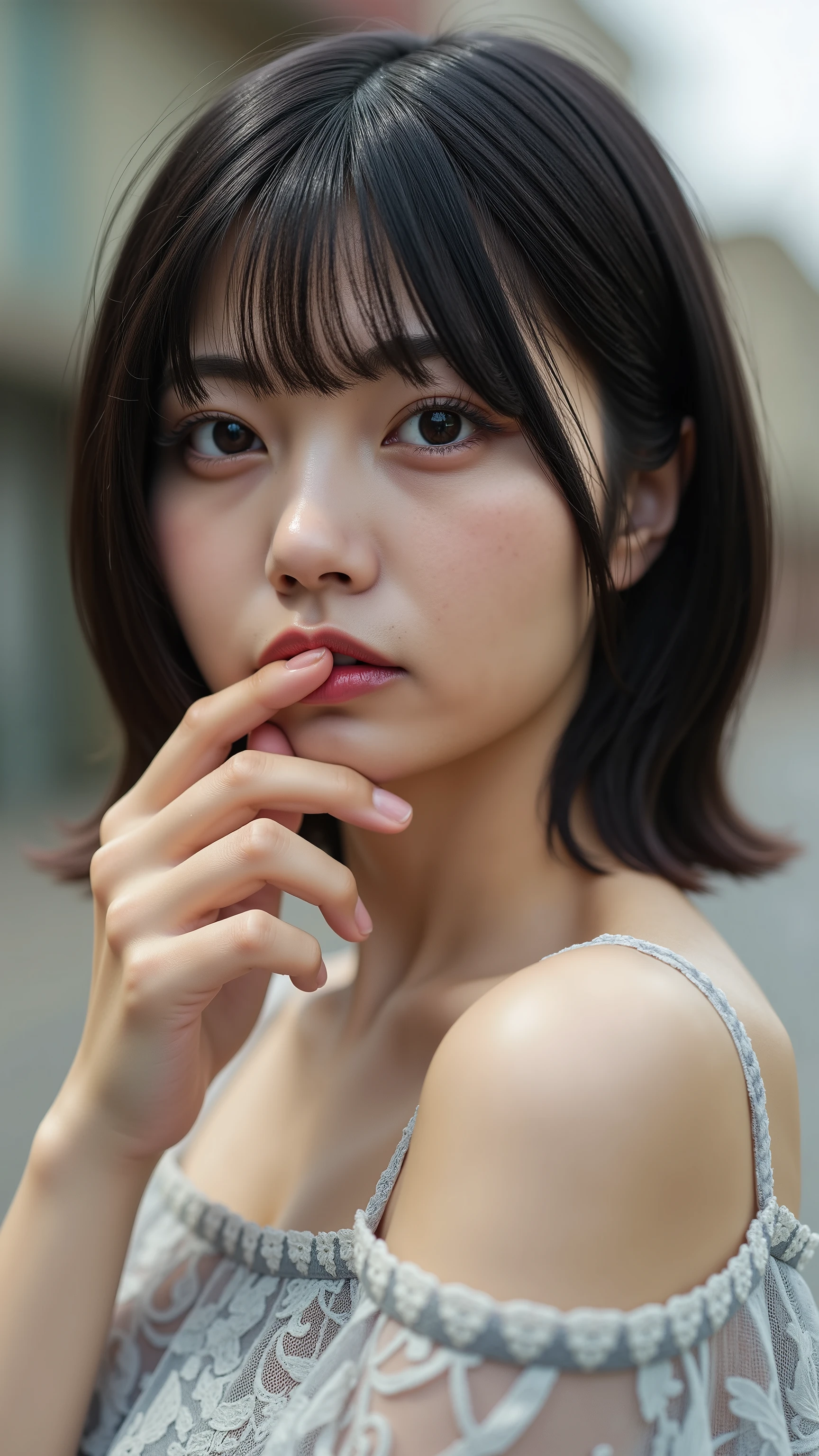 a high resolution photograph of a Japanese young woman, (photo-realistic, realistic, masterpiece, best quality), Intricate details, extremely detailed, ultra high definition, 8k, film grain, lens flare glow, sharp focus, professional lighting, fashion shoot, solo, 1girl, (off-shoulder sundress), profile, upper body, pale skin, bob cut glossy hair with bangs, detailed face, detailed eyes, sophisticated nose, seductive lips, fingers brushing her lips, sensual face, outdoors, public indecency, exbitionism, humiliation, frowning, embarrassed, 