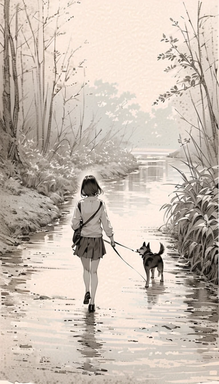 monochrome,High school girl walking with dog,Riverbank, pencil drawing