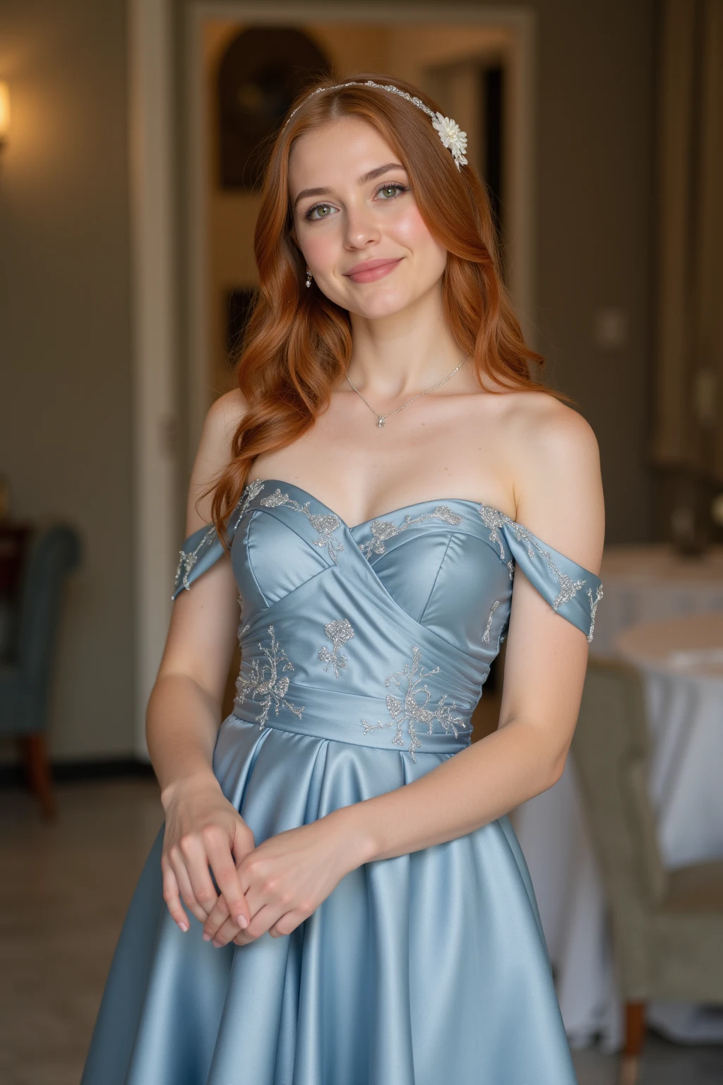 score_7, score_8, score_9,, BREAK, source_real, raw, photo, photography, A (((subtly diffused and ethereal))) vintage photograph representing a woman with luxuriant, long auburn hair wearing a delicate (((light blue silk dress))), accented by the (((subtle interplay of pale pink)) drapery) softly falling around her in a (dreamlike backdrop)