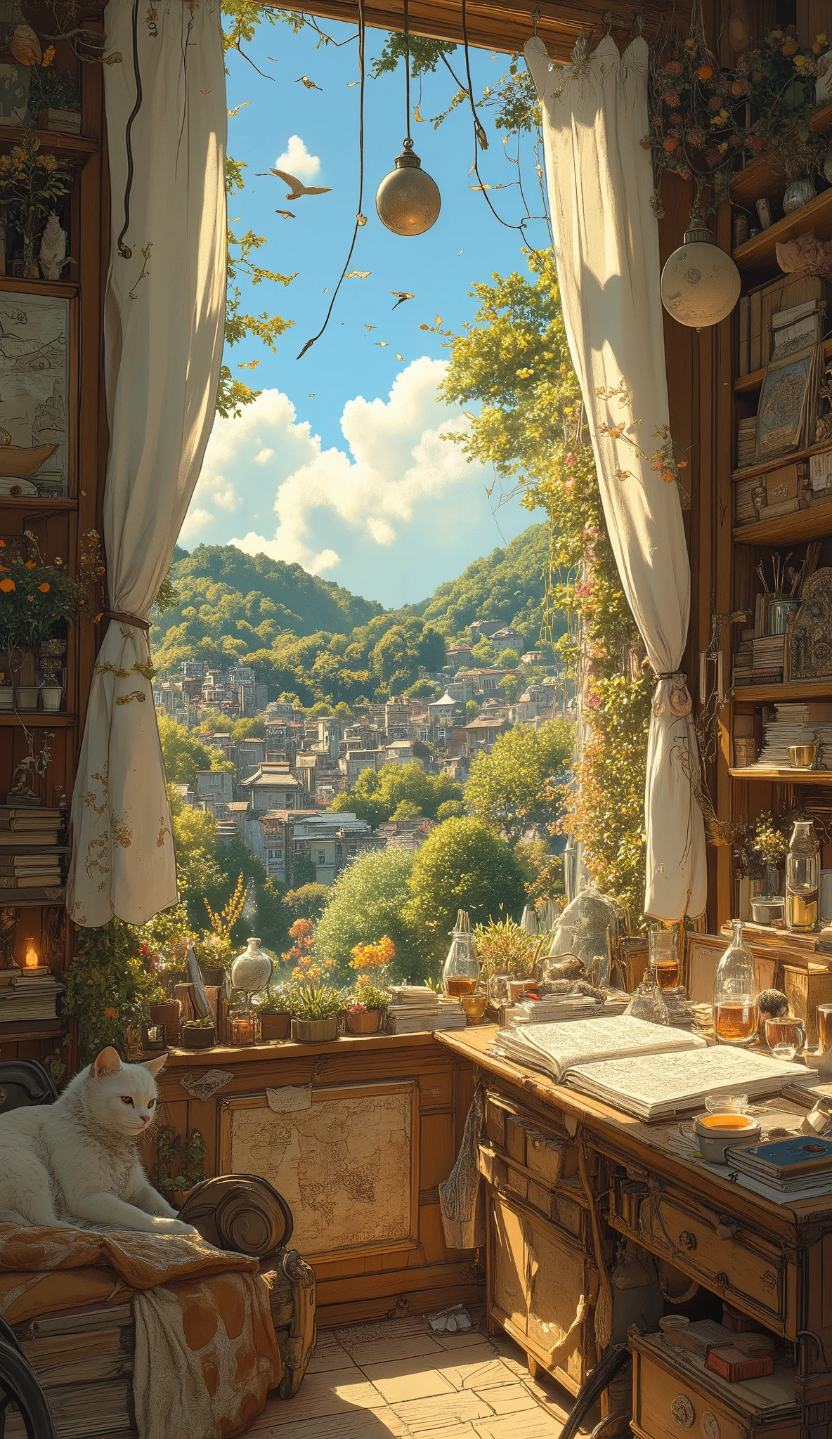 Studio Ghibli-inspired illustration, (soft painterly textures:1.2), (dreamy and warm color palette:1.3), hand-drawn fantasy city, cozy atmosphere, intricate rooftops, cobblestone streets, whimsical architecture, lush greenery, magical realism, soft golden lighting, gentle cinematic glow, (LoRA:ghibliStyle-v1.0:1.3) A warm and inviting Studio Ghibli-inspired cozy room, bathed in the golden glow of the late afternoon sun. Sunlight filters through a large open window, casting soft rays on the wooden floor and illuminating floating dust particles. The window, framed with flowing white curtains, reveals a lush green landscape outside, with rolling hills, blooming flowers, and a gentle breeze swaying the treetops.
Inside, the room is filled with charming details—a wooden bookshelf overflowing with well-loved books, tiny potted plants, and delicate trinkets. A small wooden desk sits by the window, covered with an open sketchbook, a steaming cup of tea, and a softly flickering candle. A cozy knitted blanket is draped over a cushioned reading chair, adding to the room’s warmth.
On the walls, hand-drawn maps and whimsical paintings are pinned, hinting at the dreams and adventures of the room’s owner. A lazy cat naps on the windowsill, its tail flicking occasionally, while the soft chirping of birds drifts in from outside