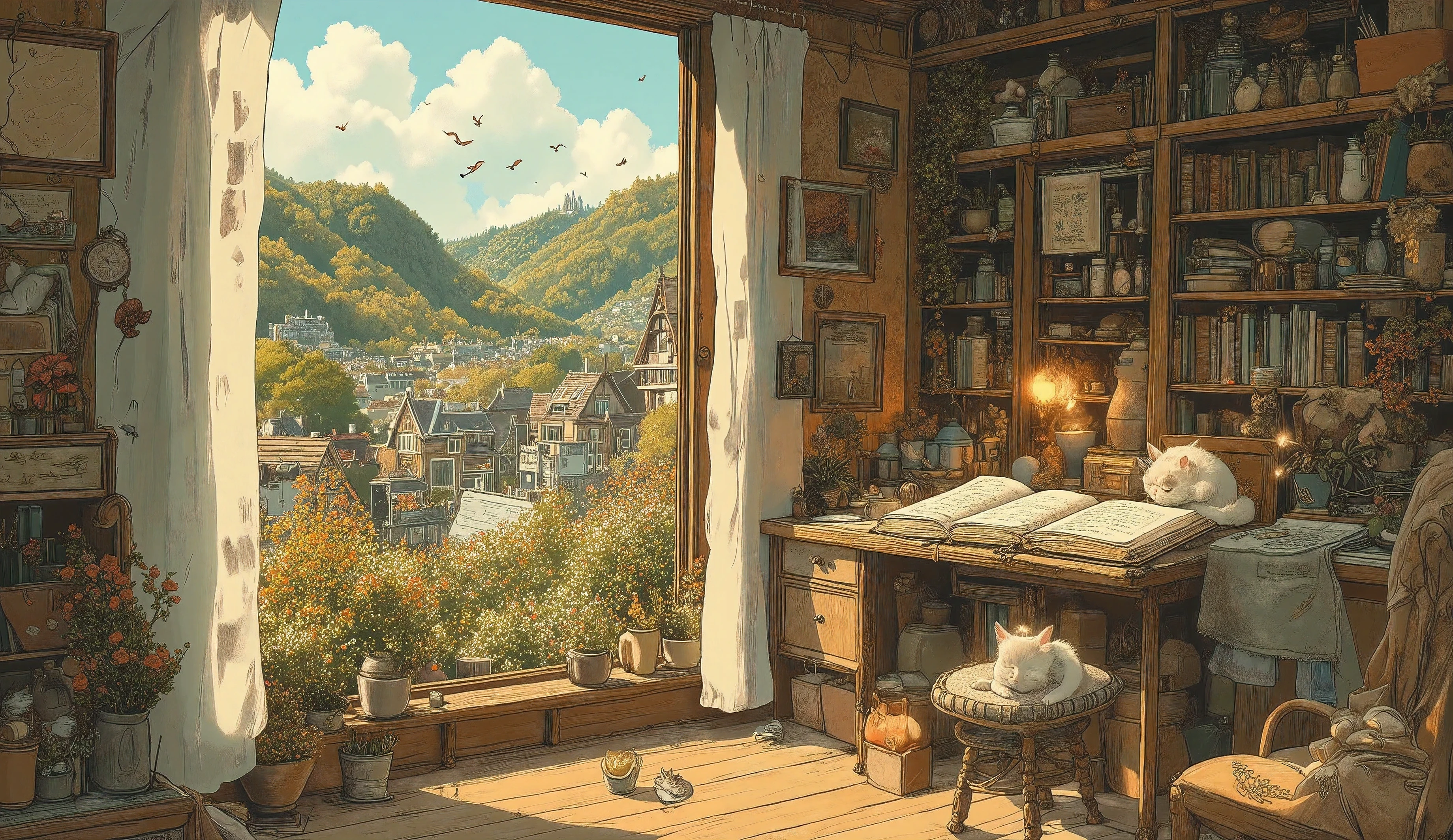Studio Ghibli-inspired illustration, (soft painterly textures:1.2), (dreamy and warm color palette:1.3), hand-drawn fantasy city, cozy atmosphere, intricate rooftops, cobblestone streets, whimsical architecture, lush greenery, magical realism, soft golden lighting, gentle cinematic glow, (LoRA:ghibliStyle-v1.0:1.3) A warm and inviting Studio Ghibli-inspired cozy room, bathed in the golden glow of the late afternoon sun. Sunlight filters through a large open window, casting soft rays on the wooden floor and illuminating floating dust particles. The window, framed with flowing white curtains, reveals a lush green landscape outside, with rolling hills, blooming flowers, and a gentle breeze swaying the treetops.

Inside, the room is filled with charming details—a wooden bookshelf overflowing with well-loved books, tiny potted plants, and delicate trinkets. A small wooden desk sits by the window, covered with an open sketchbook, a steaming cup of tea, and a softly flickering candle. A cozy knitted blanket is draped over a cushioned reading chair, adding to the room’s warmth.

On the walls, hand-drawn maps and whimsical paintings are pinned, hinting at the dreams and adventures of the room’s owner. A lazy cat naps on the windowsill, its tail flicking occasionally, while the soft chirping of birds drifts in from outside