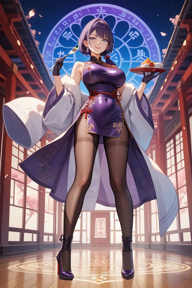 tmasterpiece,Best quality at best,Highest quality,Perfect anatomy,s the perfect face,perfect eyes,1girll,dbzch1ch1,(Black color hair:1.4),Lateral hair,By bangs,(Off-the-shoulder attire:1.3),single hair bun,hair-bun,(黑The eye),Orange cashmere wrapped,Red spherical earrings,Red wristband,Purple cheongsam, sexyposture, Sexy beautiful legs