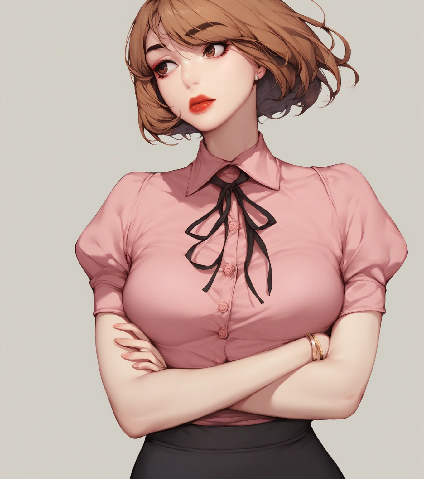 Nasolid, brown hair, brown eyes,  short hair, grey background, simple background, 
alone, watching the audience, skirt, shirt, Jewelry,  medium breasts , Short sleeve, pantyhose, Puff sleeves, collared shirt, miniskirt, black skirt,  Bracelet, Lips, makeup, crossed arms, Lipstick, pencil skirt, pink shirt, red Lips, Score_9,Score_8_up,Score_7_up, Source code_Japanese cartoon,  Delicate Facial
