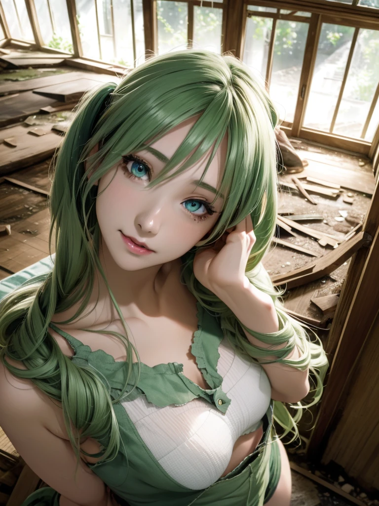 A close-up of a woman with green hair sitting on a bed, seductive anime girl, anime girl in real life, anime girl cosplay, japanese goddess, hyper realist anime, anime goddess, attractive anime girl, beautiful alluring anime woman, beautiful anime girl, anime girl, beautiful seductive anime teen, perfect android girl, realist anime, beautiful anime woman, anime woman