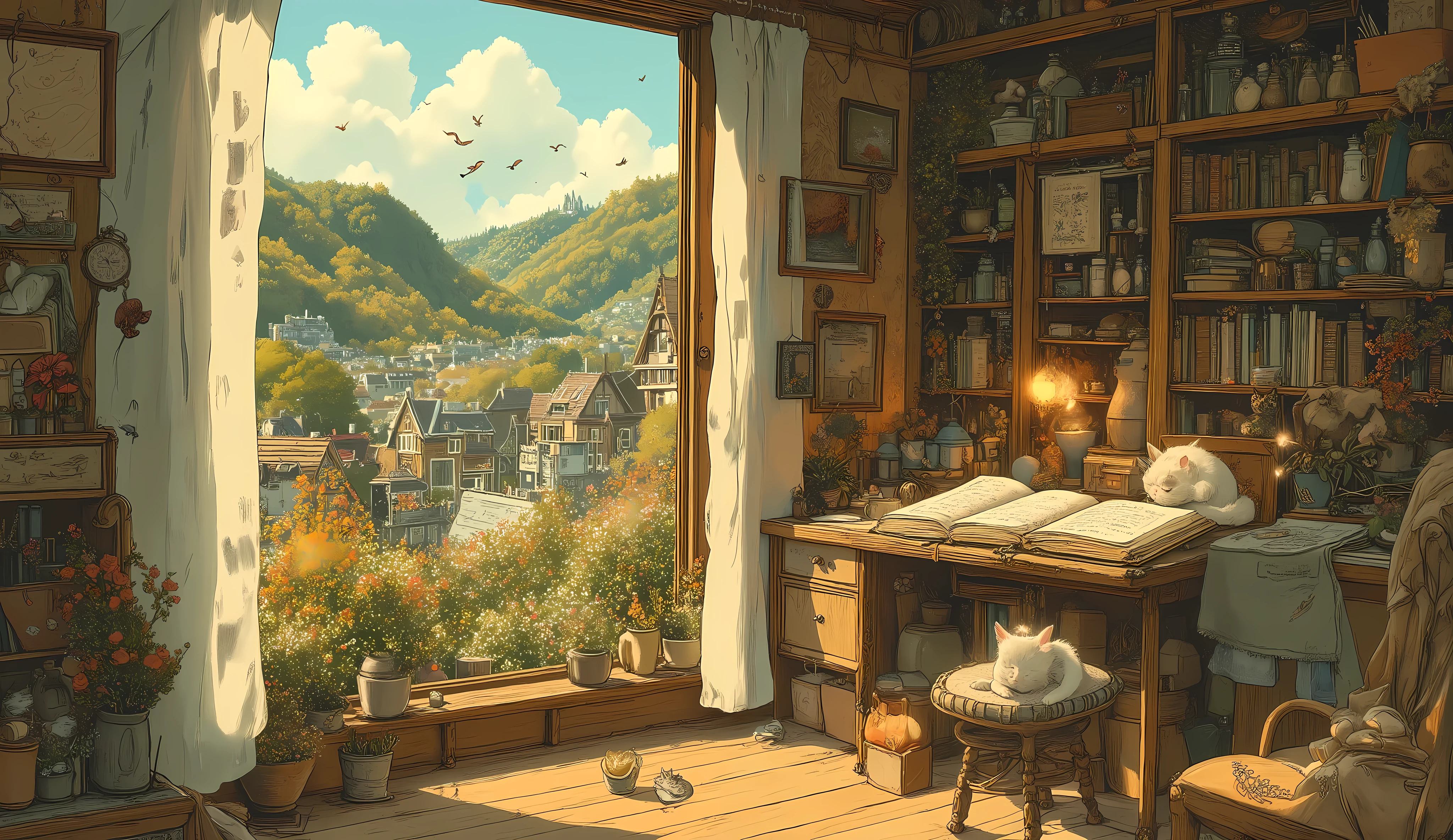 Studio Ghibli-inspired illustration, (soft painterly textures:1.2), (dreamy and warm color palette:1.3), hand-drawn fantasy city, cozy atmosphere, intricate rooftops, cobblestone streets, whimsical architecture, lush greenery, magical realism, soft golden lighting, gentle cinematic glow, (LoRA:ghibliStyle-v1.0:1.3) A warm and inviting Studio Ghibli-inspired cozy room, bathed in the golden glow of the late afternoon sun. Sunlight filters through a large open window, casting soft rays on the wooden floor and illuminating floating dust particles. The window, framed with flowing white curtains, reveals a lush green landscape outside, with rolling hills, blooming flowers, and a gentle breeze swaying the treetops.
Inside, the room is filled with charming details—a wooden bookshelf overflowing with well-loved books, tiny potted plants, and delicate trinkets. A small wooden desk sits by the window, covered with an open sketchbook, a steaming cup of tea, and a softly flickering candle. A cozy knitted blanket is draped over a cushioned reading chair, adding to the room’s warmth.
On the walls, hand-drawn maps and whimsical paintings are pinned, hinting at the dreams and adventures of the room’s owner. A lazy cat naps on the windowsill, its tail flicking occasionally, while the soft chirping of birds drifts in from outside