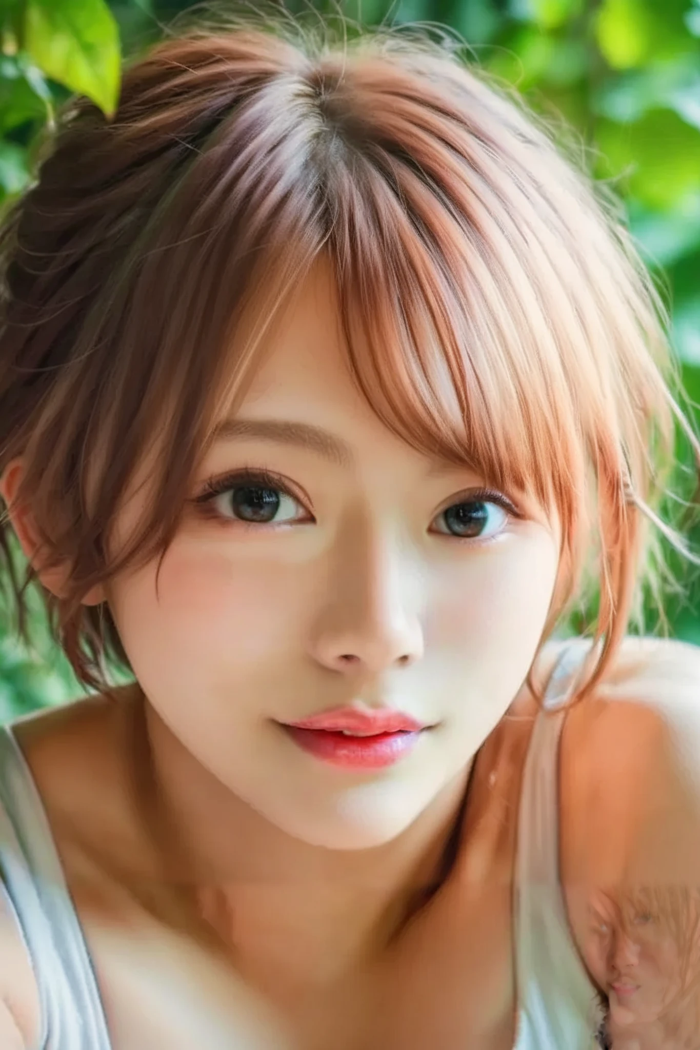 score_9,score_8_up ,score_7_up ,, A woman with short hair and bright eyes is staring at a photographer、face up 、detailed eyes、dark eyes、realistic skin、pores、Hair 、tank top、 beautiful décolletage