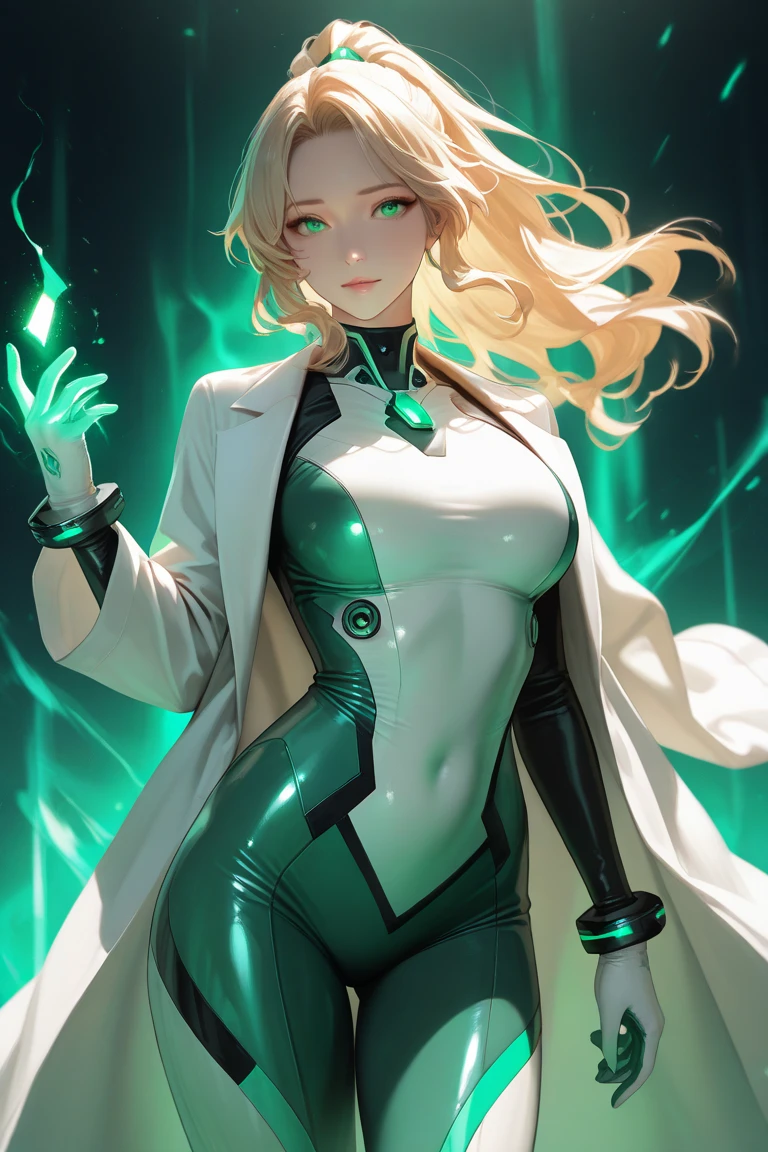 1girl, green eyes, blonde hair, long hair, large breasts, hourglass figure, bodysuit, white bodysuit, neon, neon trim, machinery, tech, science-fiction, futuristic, serious, standing, full body, ((full body)),, pantyhose, black pantyhose, wavy hair, walking towards viewer, fighting stance