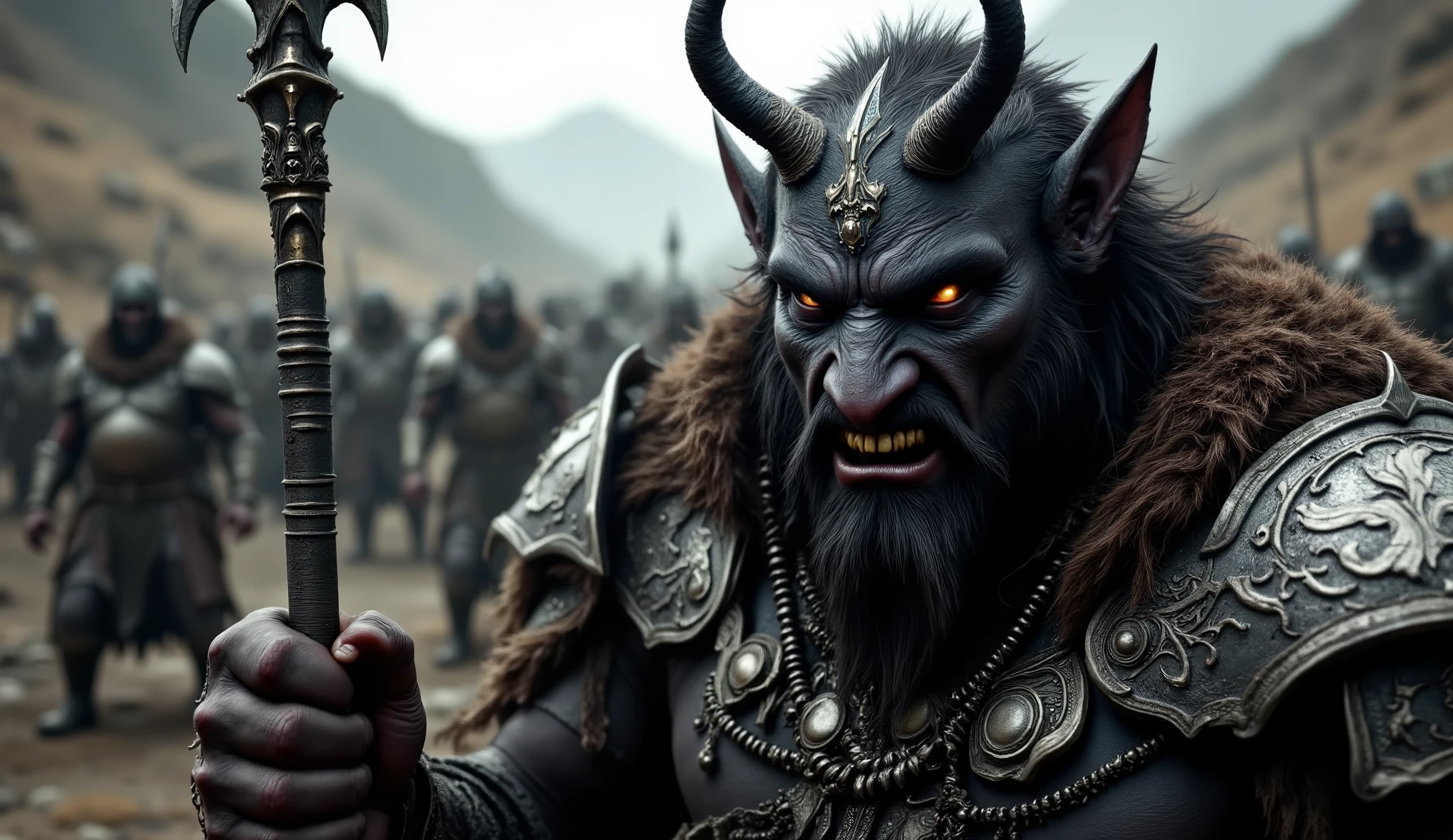 Close up of a monster's face, Waitgoo in 3/4 profile. The face fills the frame. Real life photo, close up, front view, beautiful black-skinned charr in armor facing the viewer with a spear in his hand, other charr warriors standing on either side of him, battle lines, barren, rocky, hilly land, before the battle